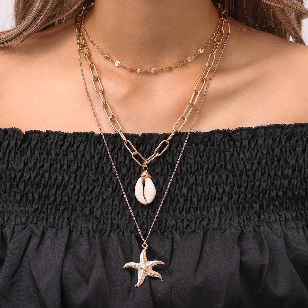 Boho Layered Necklaces for Women - Gold Star Sequin Pendant Chains with Shell Accents | Beach Jewelry, Summer Festival Accessories, Vacation Style for Girls & Teens