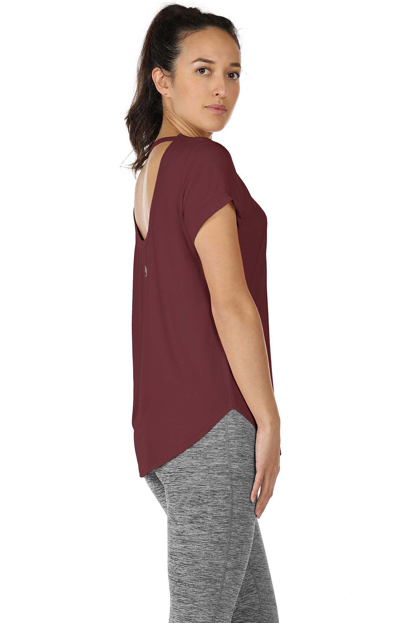 icyzone Women's Open Back Yoga Shirts - Breathable Workout Tops, Athletic Short Sleeve Running T-Shirts, Loose Fit Activewear for Yoga, Gym & Outdoor Sports