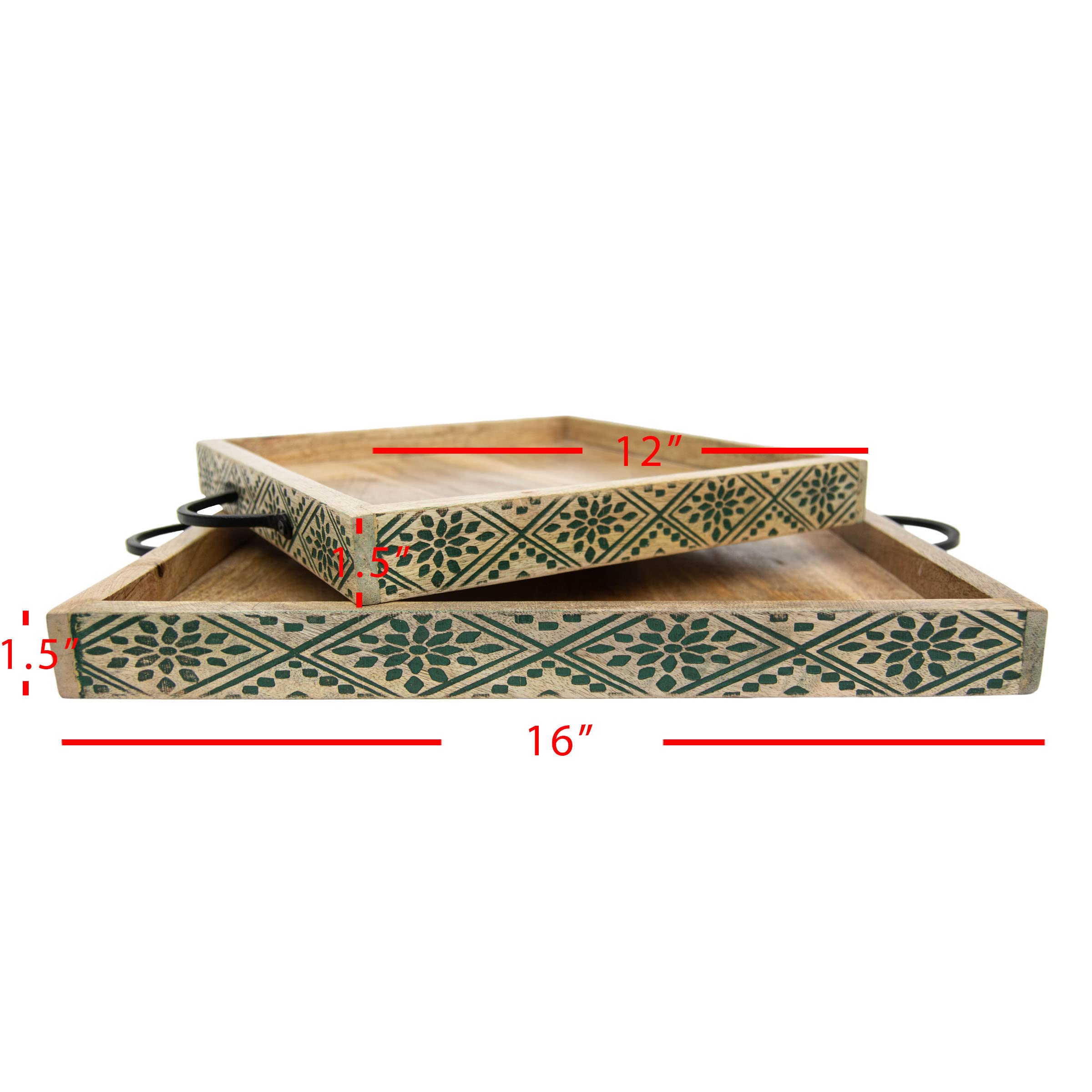 Foreside Home & Garden Set of 2 Carved Green Wood & Metal Trays - Elegant Serving Trays for Dining, Coffee Table Decor, and Party Entertaining