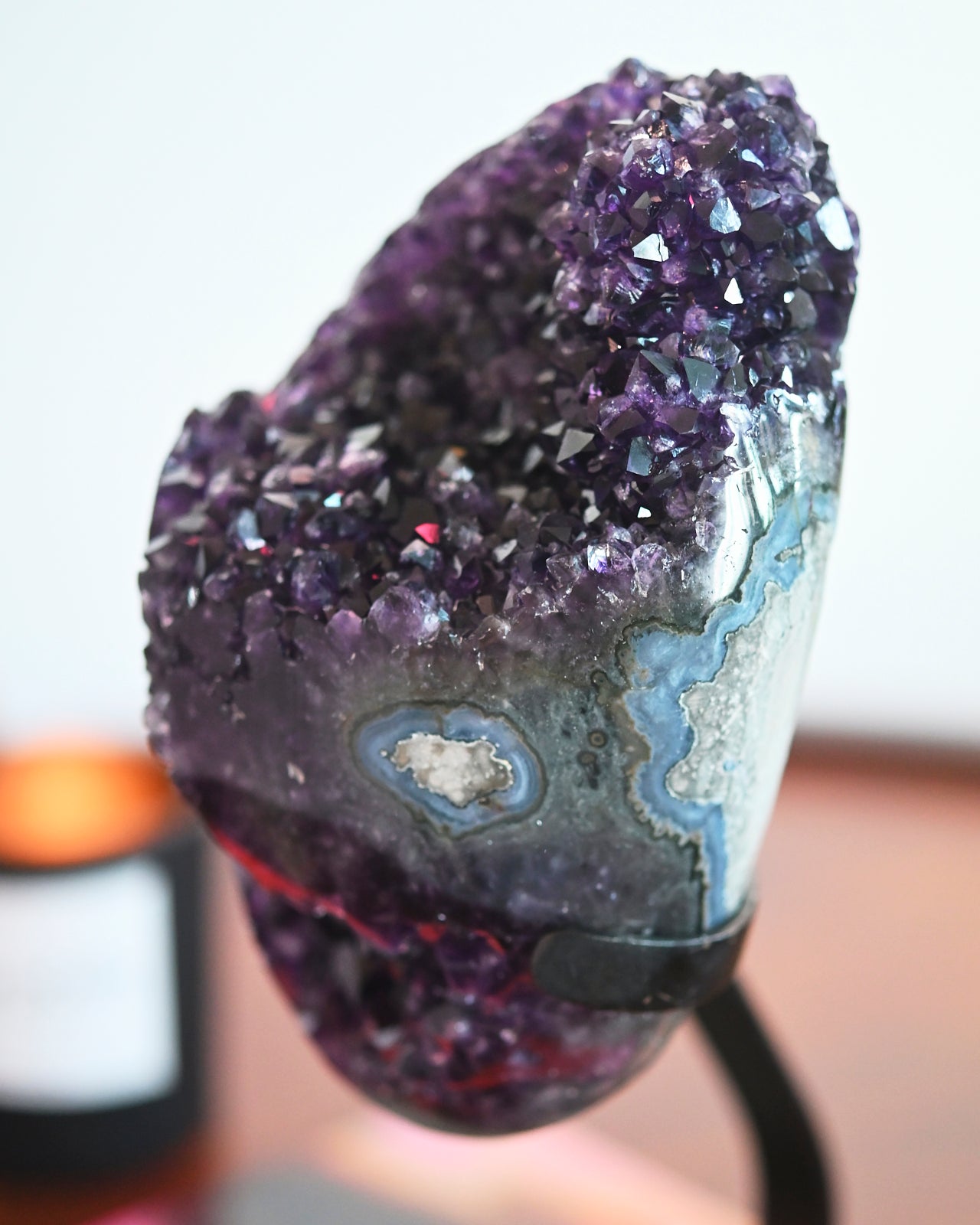 Natural Banded Amethyst Crystal Geode with Wooden Stand - 4.8 lbs Raw Purple Amethyst Cluster for Home Decor, Meditation & Healing Crystal Collection