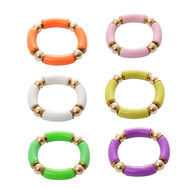 Gold Plated Bamboo Tube Beaded Acrylic Stretch Bracelet - Colorful Chunky Curved Friendship Jewelry for Women | Perfect for Summer, Beach, Boho Style & Everyday Wear
