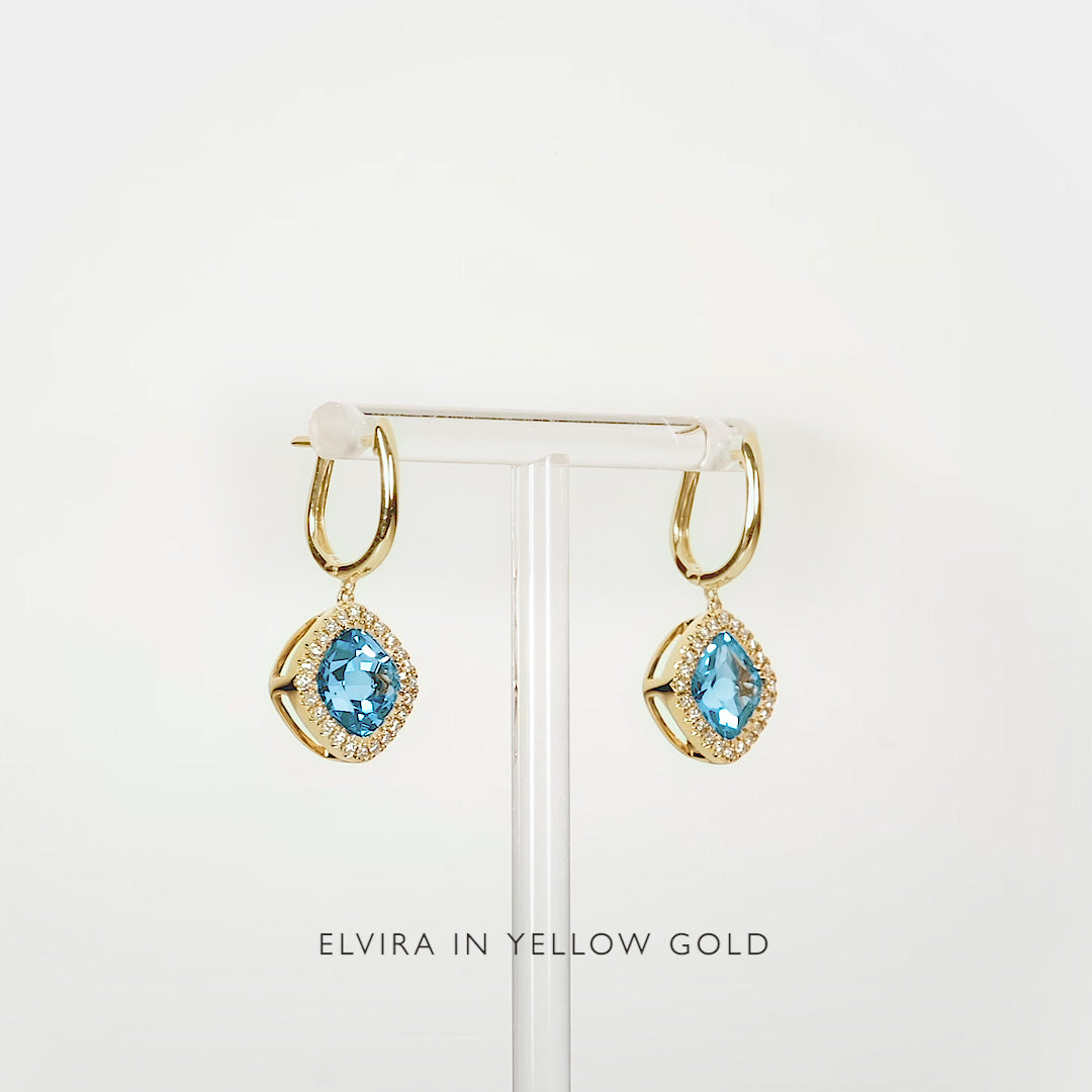 Stunning Swiss Blue Topaz & Diamond Halo Drop Earrings in Rose Gold - Elegant Elvira Design for Weddings, Parties & Special Occasions