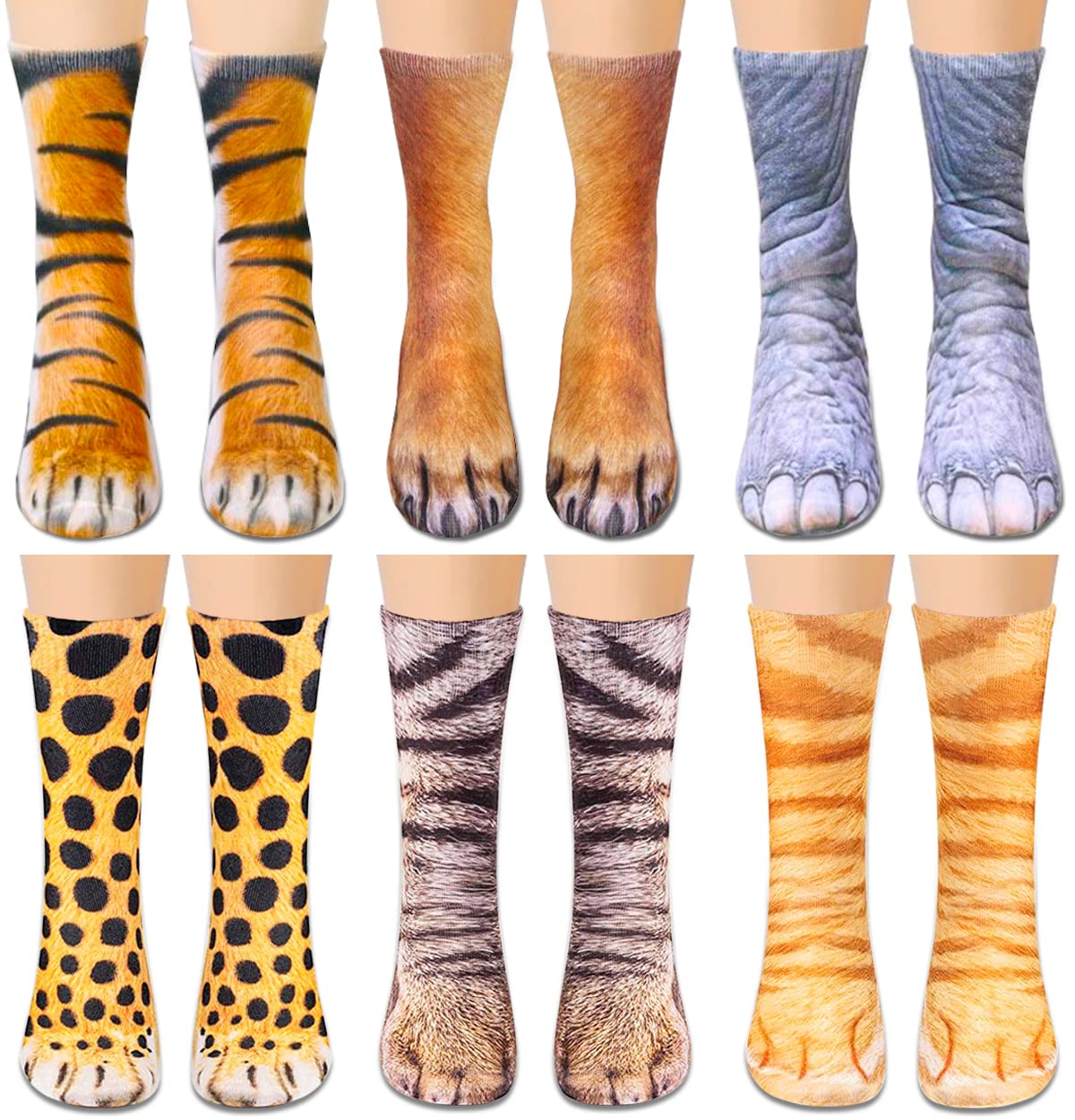 6 Pairs Funny 3D Animal Paws Socks - Christmas Novelty Gifts for White Elephant Exchange, Adults (Perfect for Holiday Parties & Secret Santa Gifts)