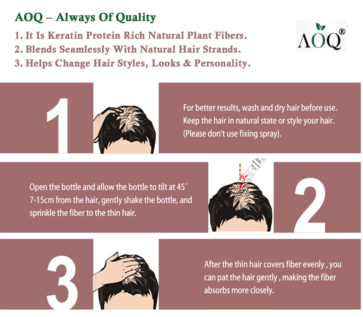 AOQ Hair Building Fibers for Thinning Hair - Natural Black Hair Loss Concealer & Instant Volume Styling Powder (28g) - Perfect for Men & Women with Bald Spots, Receding Hairlines & Thinning Hair for Everyday Confidence