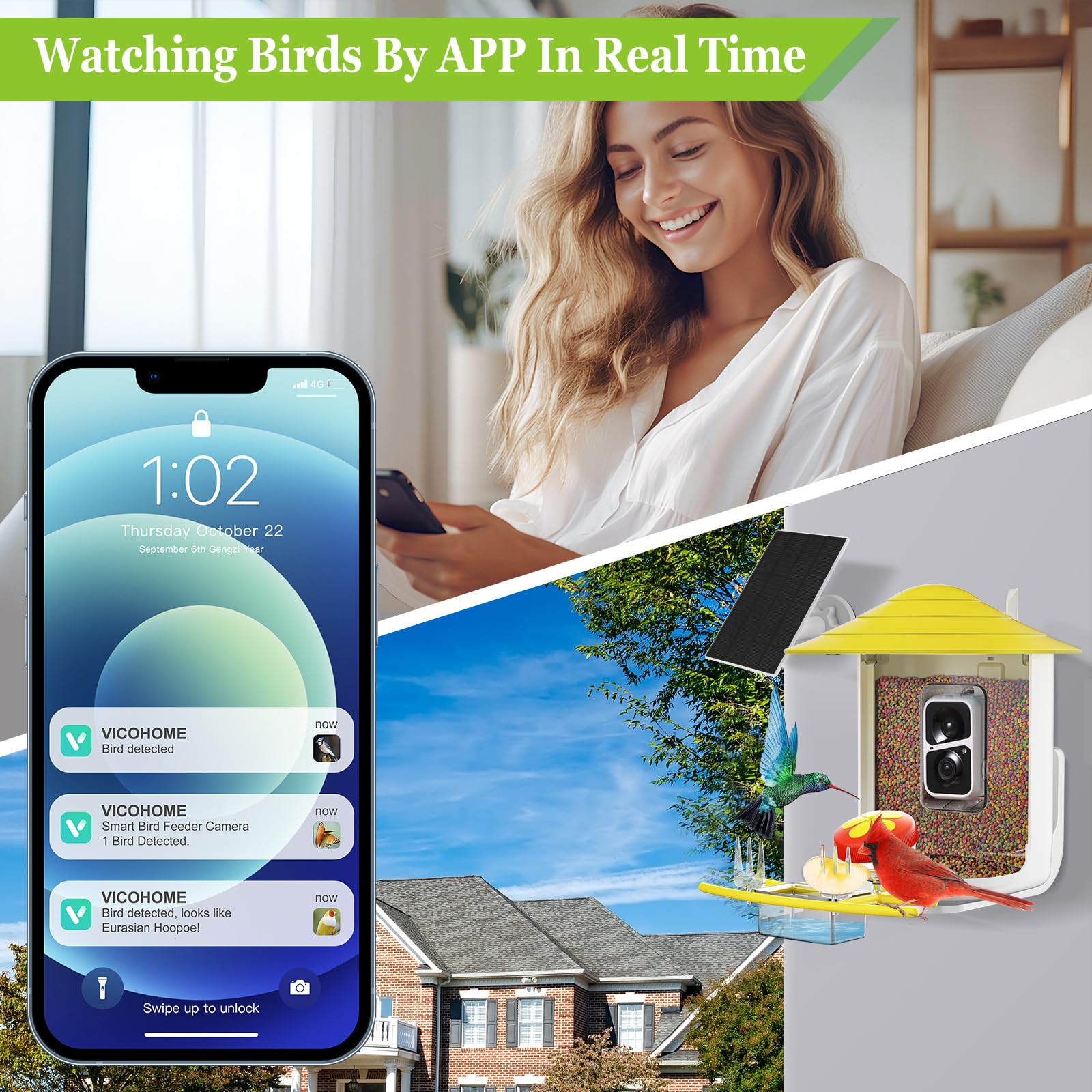 Careboda Smart AI Bird Feeder with Camera - Solar Powered Wireless Outdoor Bird Watching Camera with Motion Detection, Auto Video Capture & 64GB SD Card - Perfect for Backyard Bird Watching & Nature Enthusiasts (Yellow)