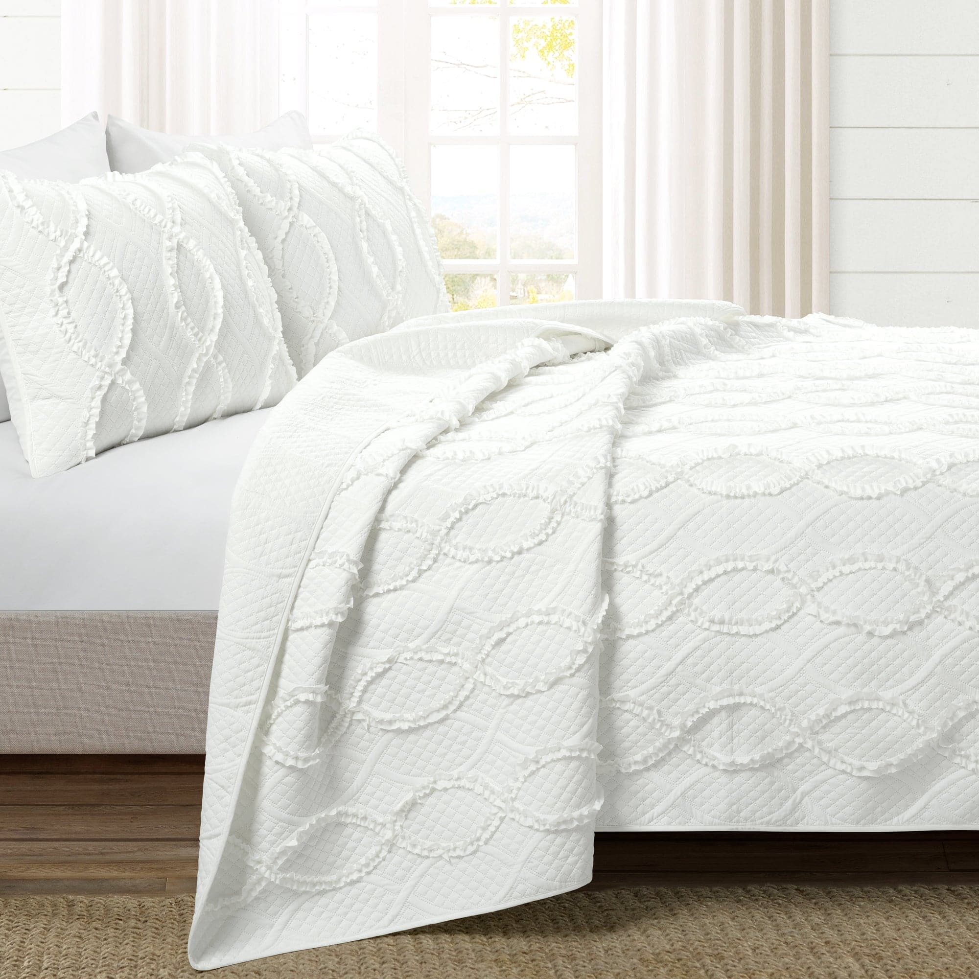 Avon Textured Ruffle Quilt 3-Piece Bedding Set - Soft & Stylish Comforter, Pillow Shams & Bed Skirt for Cozy Bedroom Decor