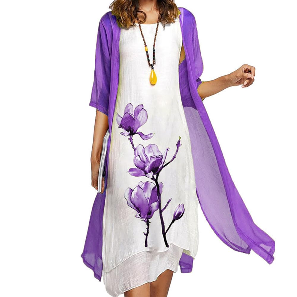 Floral Print Women's Two-Piece Midi Dress Set with Chiffon Cardigan - Plus Size Sleeveless Wedding Guest Outfit for Bridal Shower, Garden Party & Summer Events
