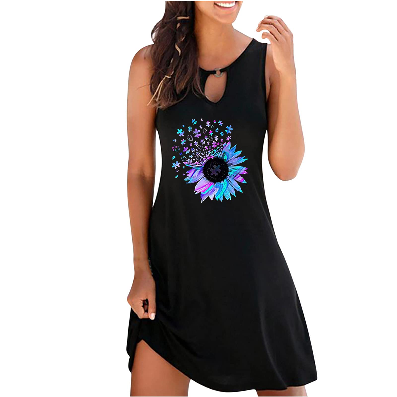Vikaki Women's Summer Dress - Cute Boho Print Sleeveless Sundress, Casual O-Neck Mini Dress for Beach, Vacation & Outdoor Activities | Perfect for Pool Parties, Tropical Getaways and Summer Fashion