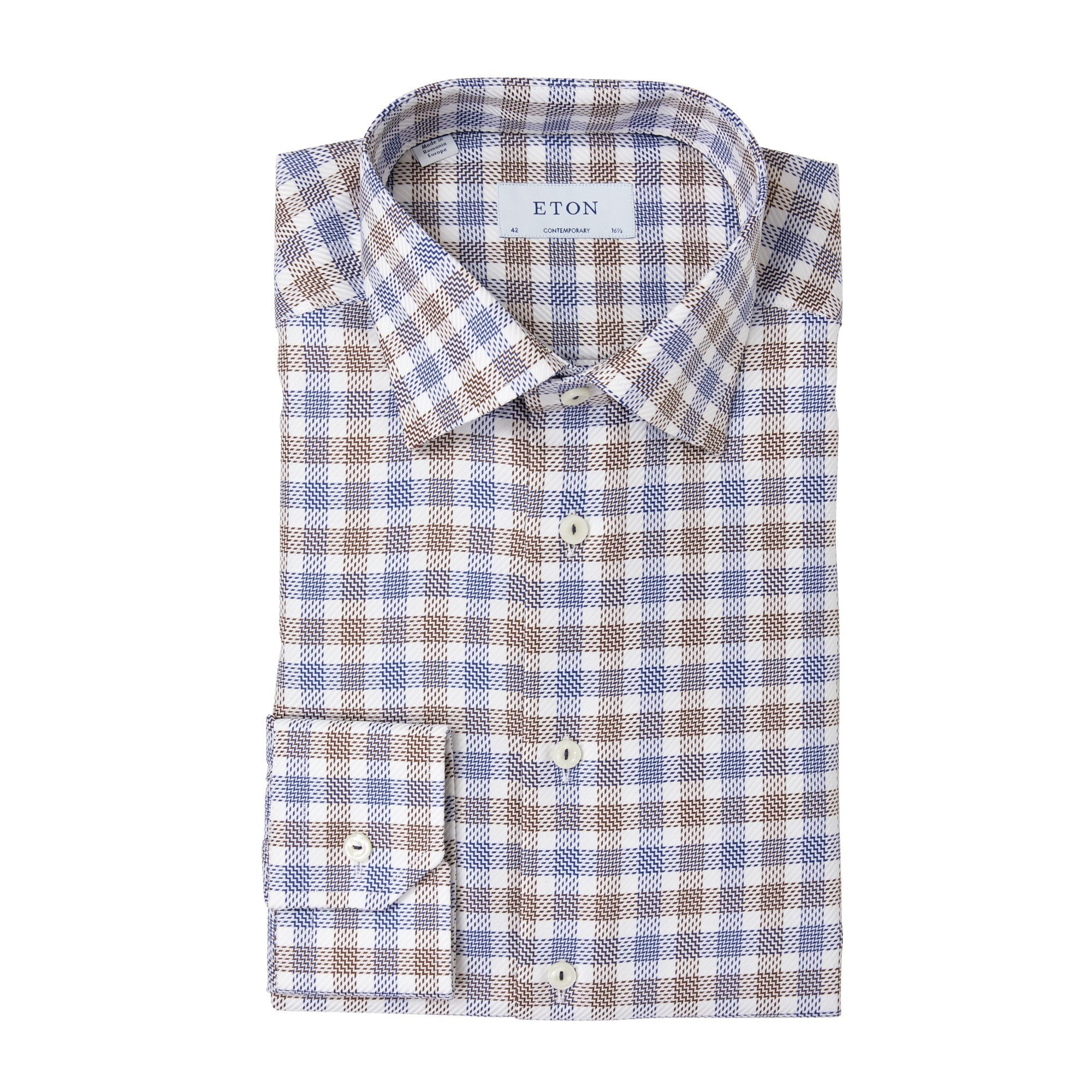 ETON CHECK KING Premium Twill Cotton Shirt for Men - Blue/Brown Plaid - Business Casual & Office Wear