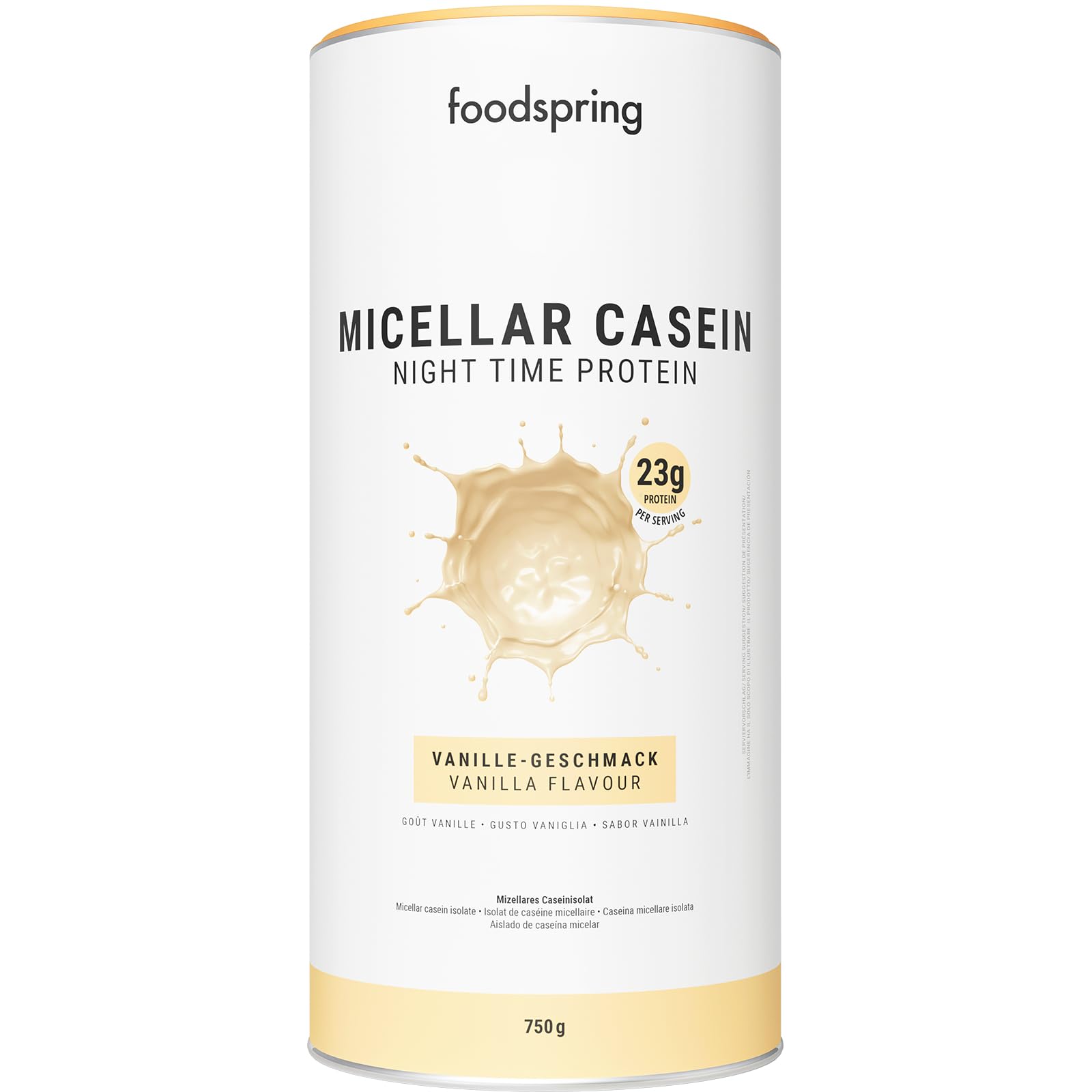 Foodspring Micellar Casein Protein Powder - Slow Digesting Night Time Protein with 23g Protein per Serving, Amino Acids, Vanilla Flavor, Fat & Sugar Free (750g) - Ideal for Post-Workout Recovery & Overnight Muscle Support