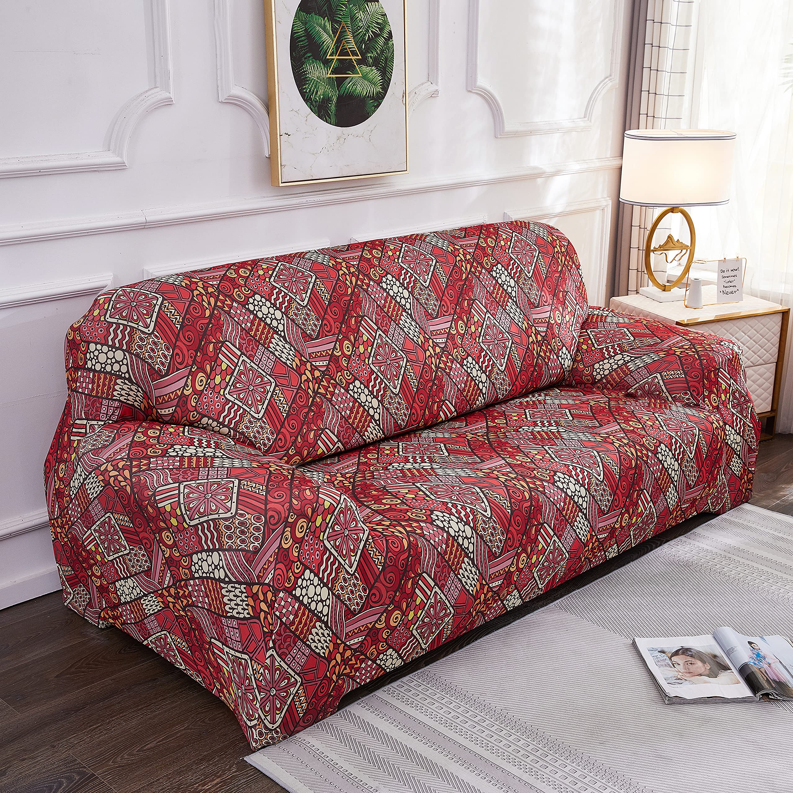 ELEOPTION Stretch L-Shaped Sofa Cover - 2-Piece Printed Sectional Couch Slipcover for Pets & Kids (Red Pink, Two-Seater) - Protects Furniture from Cats, Dogs & Spills - Perfect for Living Room, Family Room & Pet-Friendly Homes
