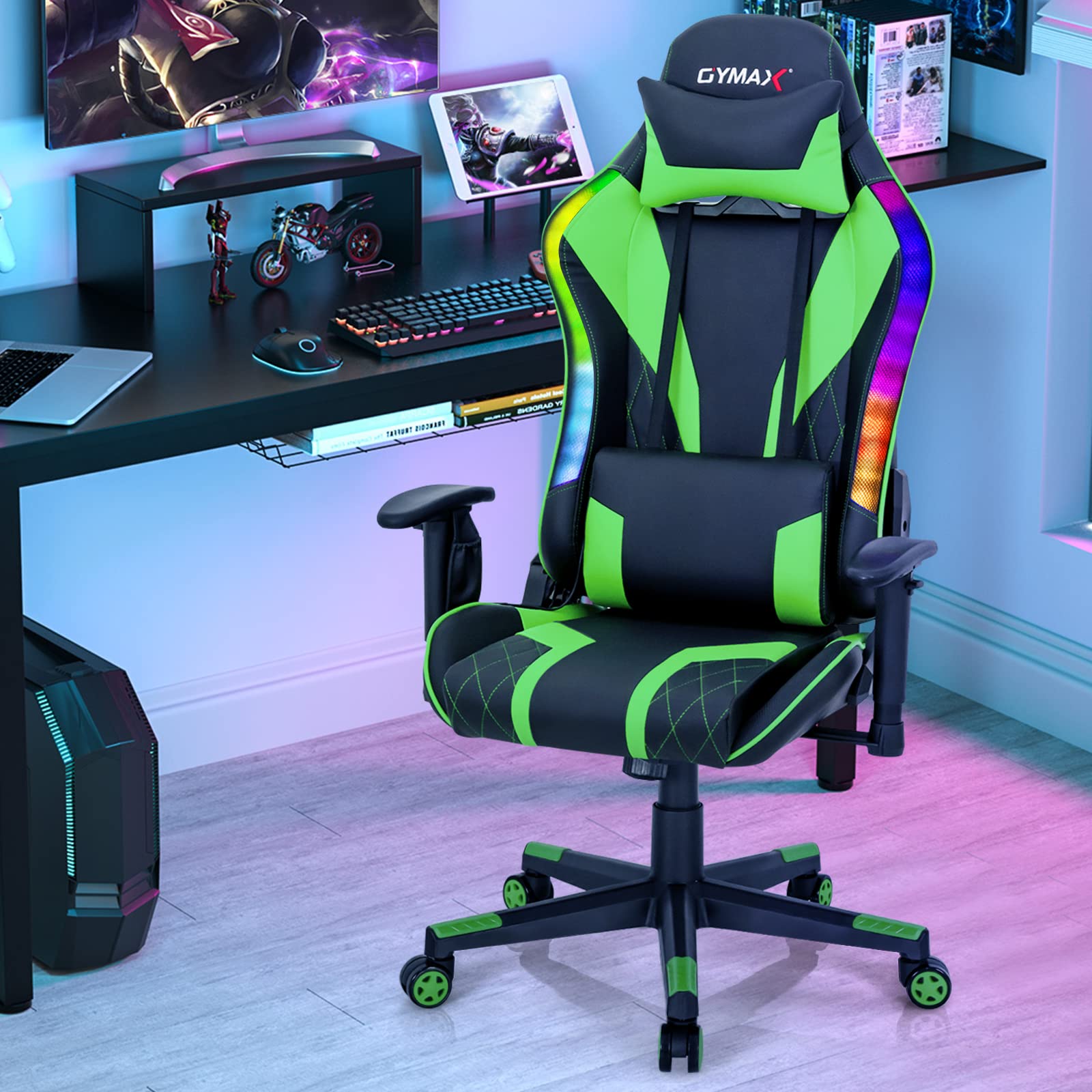 Powerstone RGB Gaming Chair - Ergonomic High Back Racing Style Computer Chair for Adults with Adjustable Lumbar Support & Armrests - Perfect for Esports, Office Work & Home Gaming Setup (Green)
