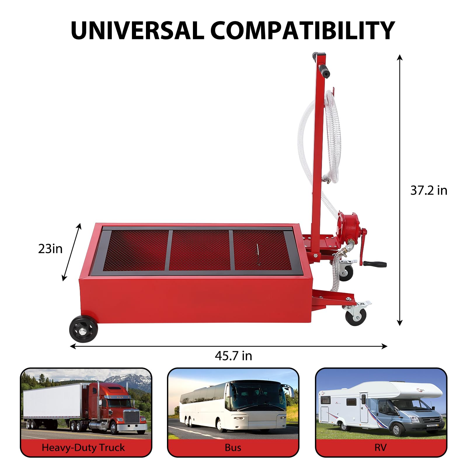 **20 Gallon (76L) Low Profile Oil Drain Pan with Manual Pump & Wheels - Heavy Duty Oil Change Pan for Cars, SUVs, Trucks - Includes 8FT Hose & Foldable Handle for Easy Transport & Storage**    *(Perfect for DIY Oil Changes, Auto Shops, and Quick Garage Maintenance)*
