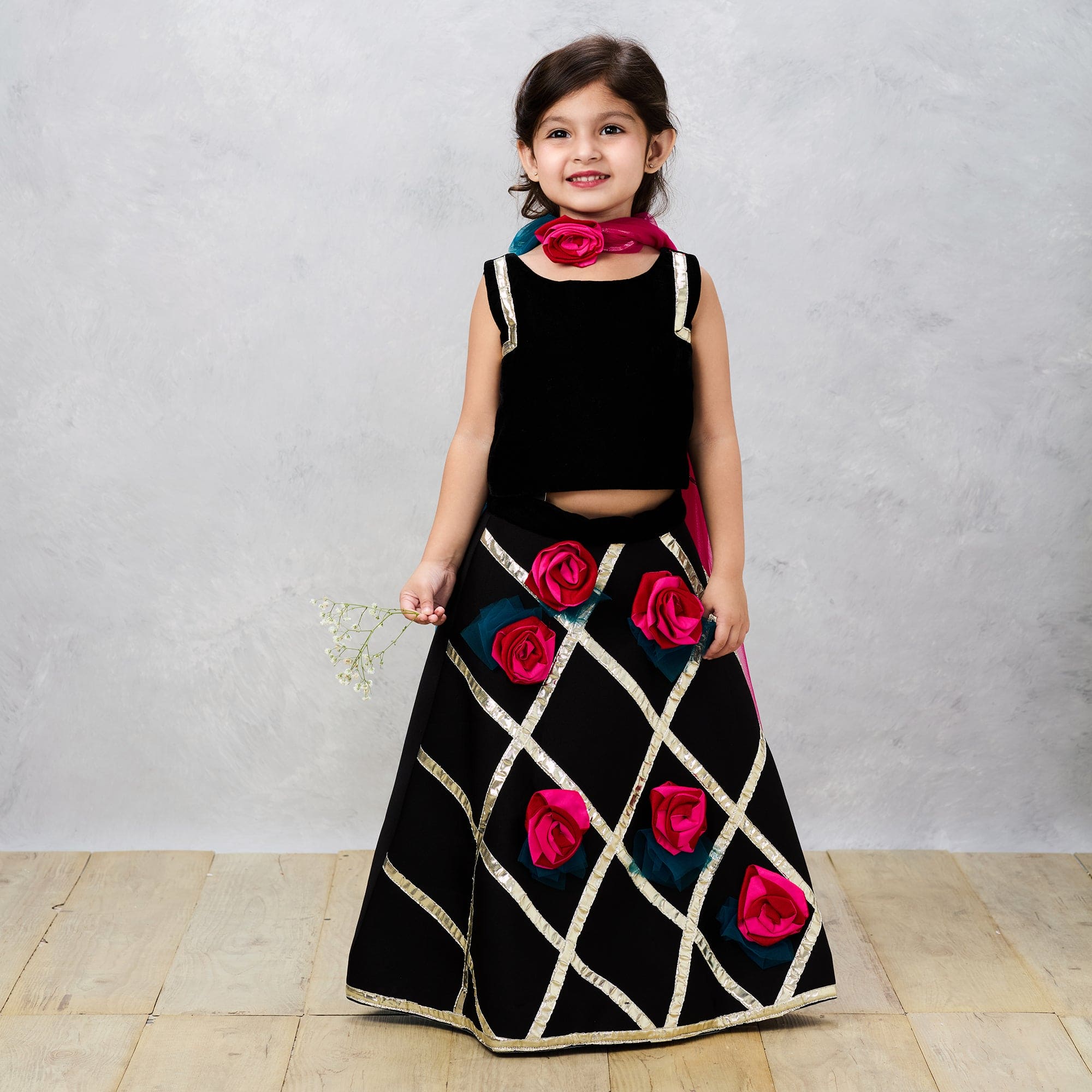 Pre Order: Midnight Elegance Black Scuba Ghaghra Choli with Floral Gotta Lace Detailing - Indian Ethnic Wear for Weddings, Festivals & Special Occasions