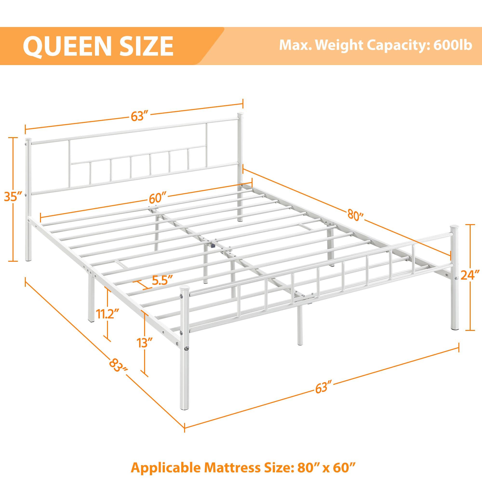 Topeakmart Queen Size Metal Bed Frame with Headboard & Footboard - Sturdy Steel Slat Support, No Box Spring Needed, Under Bed Storage - White - Perfect for Modern Bedrooms, Guest Rooms & Small Spaces