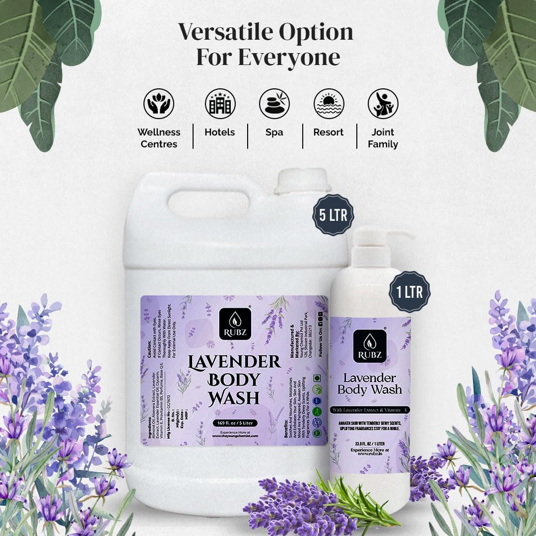 Rubz Lavender Body Wash - Glycerin Enriched, Long-Lasting Fragrance | Soap-Free, Paraben-Free & SLS-Free Shower Gel for Women & Men (1L) | Perfect for Relaxing Baths & Sensitive Skin Care