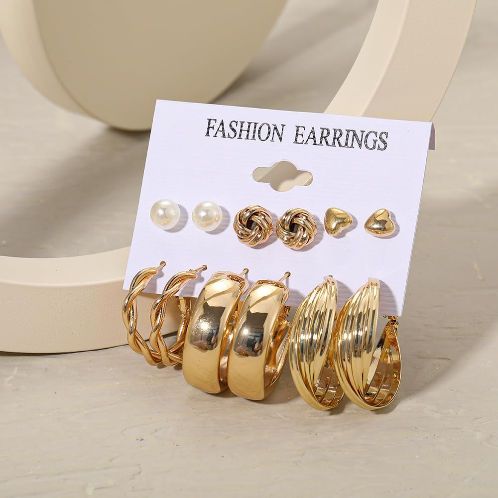 Shining Diva Fashion 11-Piece Vintage Pearl Earrings Set for Women - Gold Plated Dangle, Heart, Butterfly & Hoop Earrings - Geometric Jewelry Collection | Perfect for Parties, Weddings & Everyday Wear