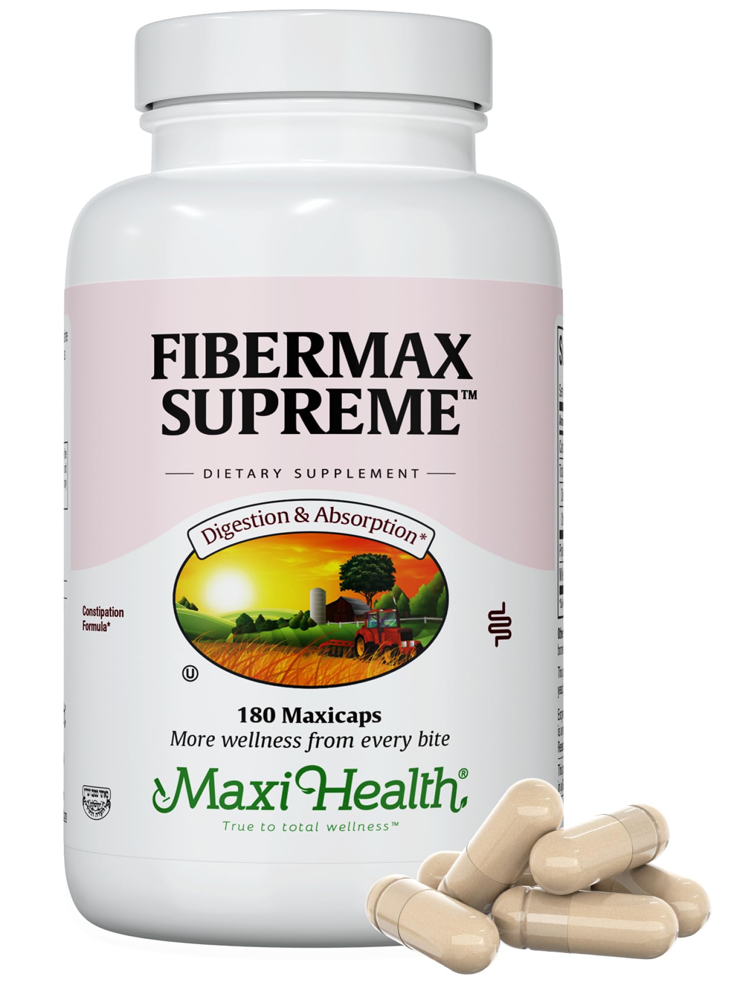 Maxi Health Maxi Fiber Kosher Daily Supplement - 1500mg Psyllium Husk Fiber Capsules for Digestive Health & Weight Management, 180 Count (Pack of 1) | Supports Regularity & Gut Health for Active Adults & Seniors