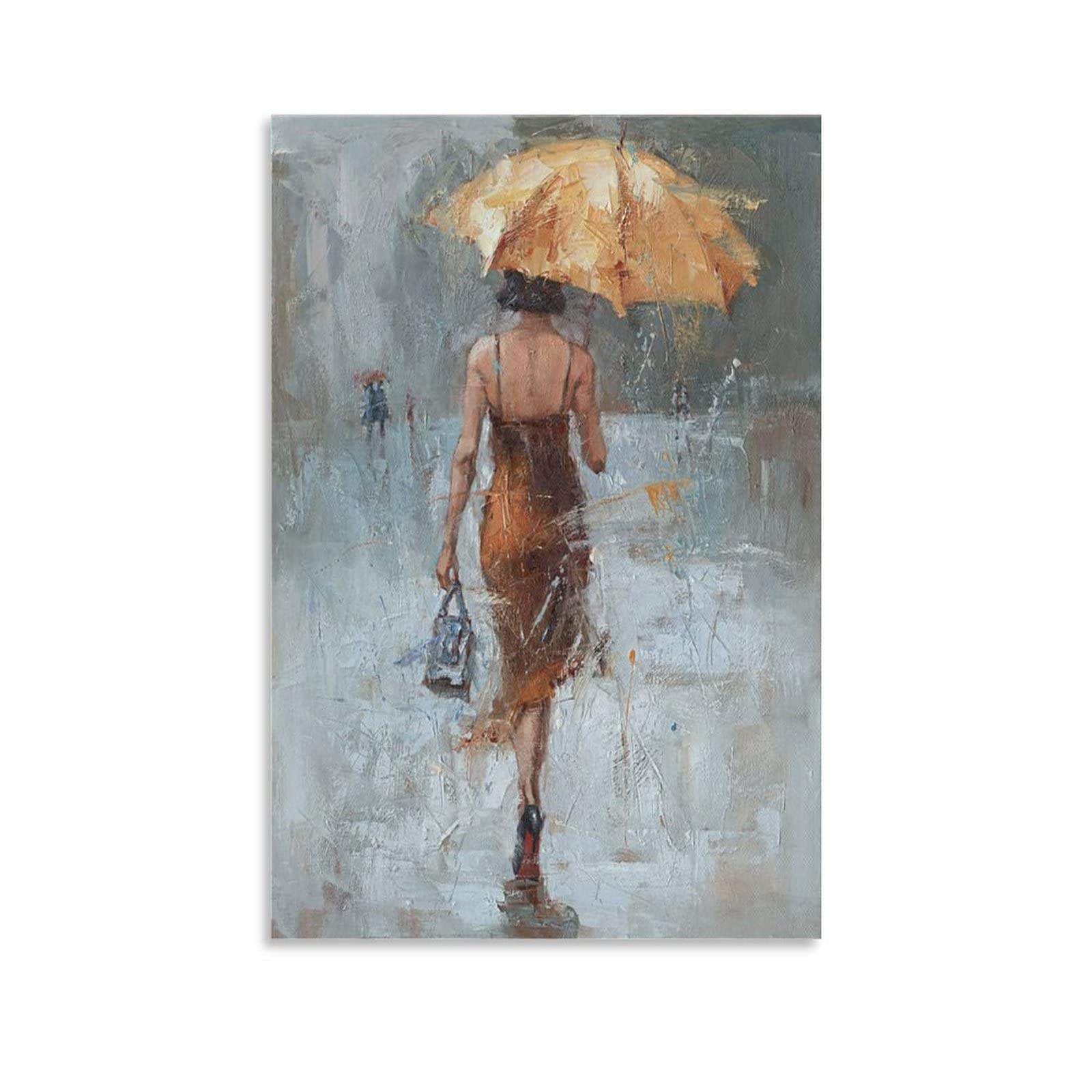 Refoiner Modern Oil Painting - Girl in Khaki Dress Walking in Rain Street Scene Canvas Wall Art Print (16x24 inch/40x60cm) for Living Room, Bedroom, Office Decor - Perfect for Home & Commercial Spaces