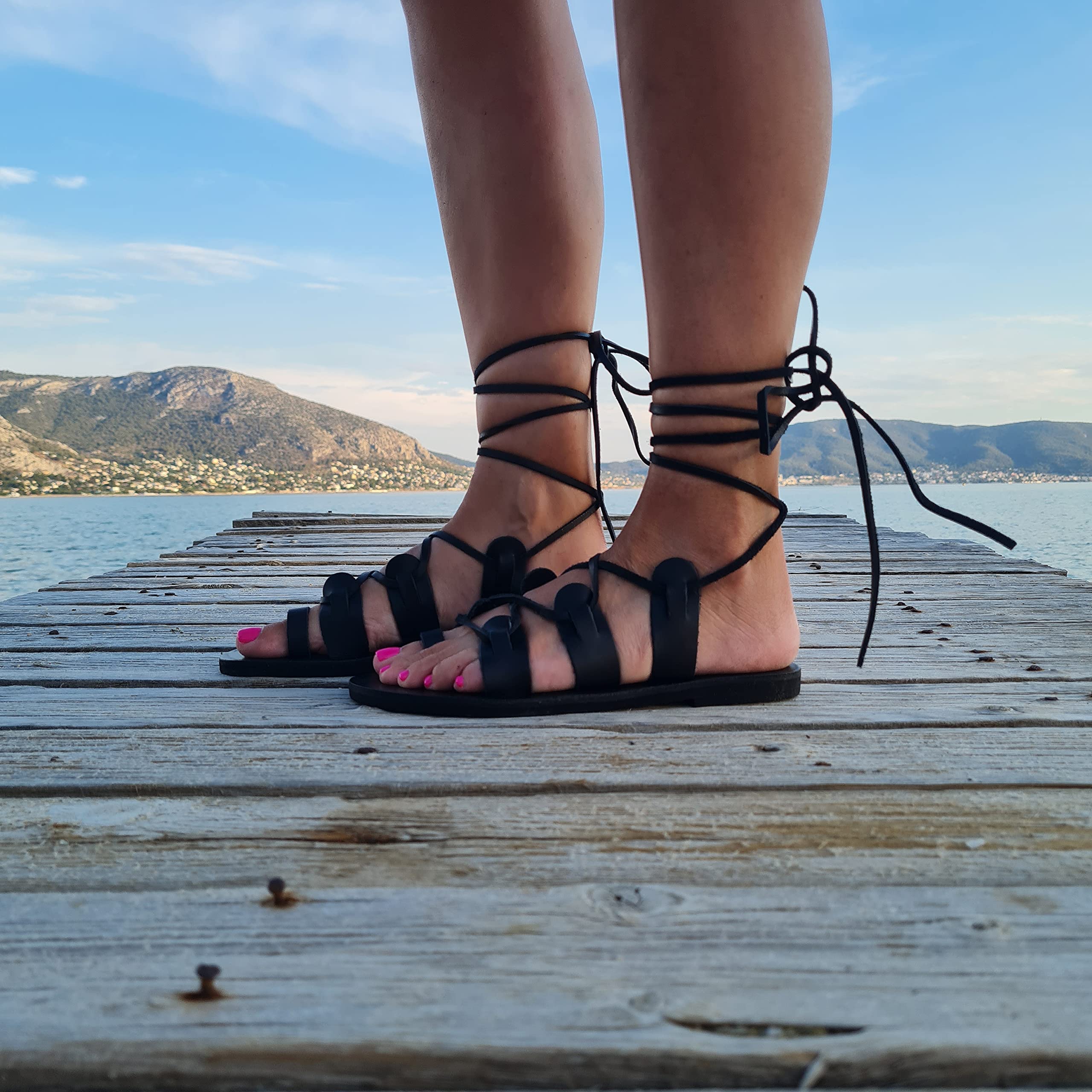 Handmade Black Leather Greek Gladiator Sandals with Lace-Up Design & Toe Ring – Perfect for Summer Fashion, Boho Outfits, and Beach Vacations