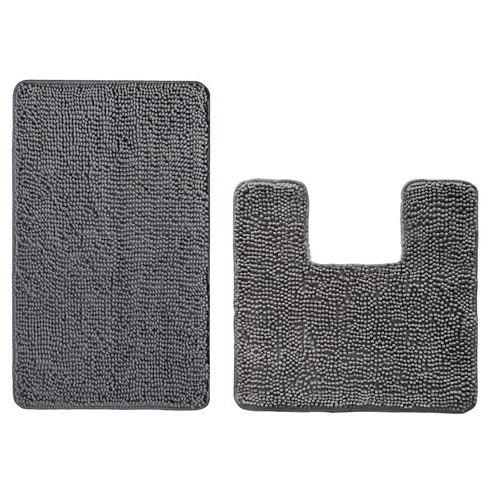 Premium Gorilla Grip Bath Rug & U-Shape Toilet Mat Set - Non-Slip, Super Absorbent, Quick Dry - Gray 30x20