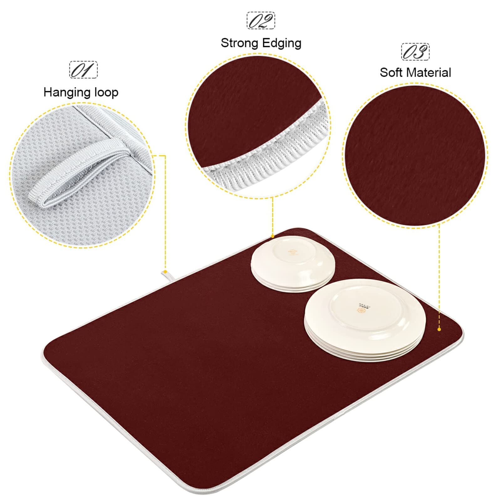 Burgundy XL Dish Drying Mat - 18x24 Inch Large Microfiber Kitchen Counter Mat, Heat Resistant Dish Drainer Pad for Dishes - Perfect for Kitchen Countertops, Sink Areas & Dish Drying Stations