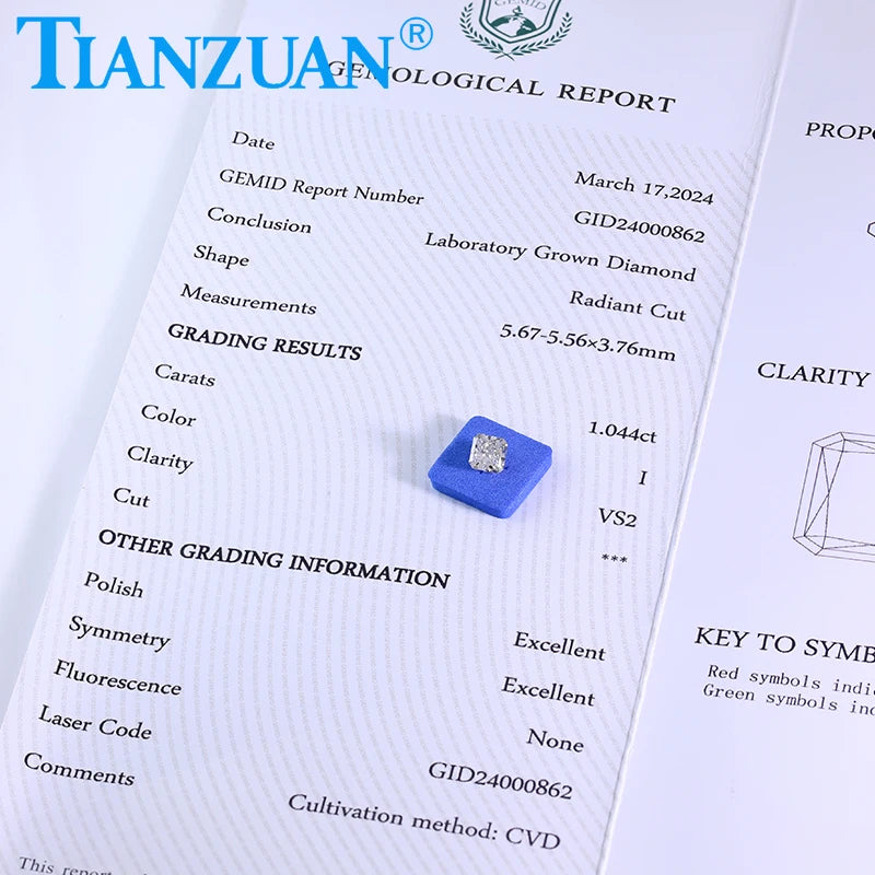 Radiant Cut Lab-Grown CVD Diamond - I/K Color VS2/SI1 Clarity, 2EX Cut, GEMID Certified Loose Gemstone Bead for Engagement Rings & Fine Jewelry Making