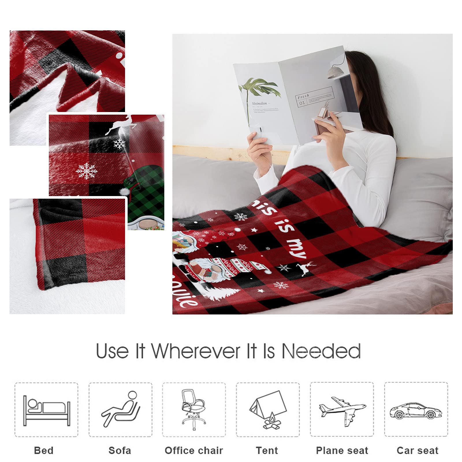 Cozy Red Gnomes & White Snowflake Christmas Throw Blanket - 40x50 Inch Soft Flannel Fleece Microfiber Blanket for Movie Nights, Gift Giving, Sofa, Bed & Camper - Warm Holiday Decor for Winter Snuggling