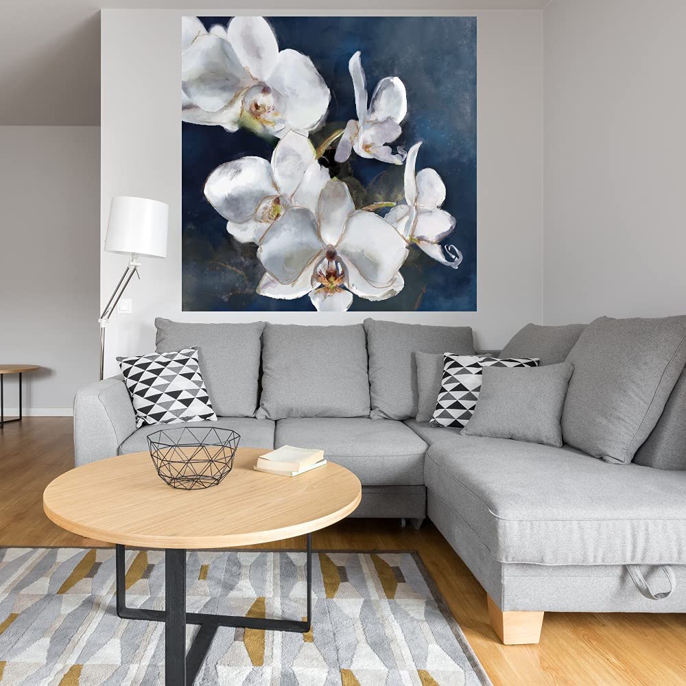 48x48 Inch Navy Blue Orchid Canvas Wall Art - Handmade Botanical Decor for Bathroom & Bedroom - Premium Plant Pictures for Home & Office Decor - Perfect for Spa, Living Room & Nursery