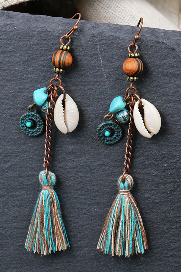 Handmade Vintage Wooden Bead Shell Tassel Earrings for Women - Boho Chic Dangle Earrings for Beach, Festival & Everyday Wear