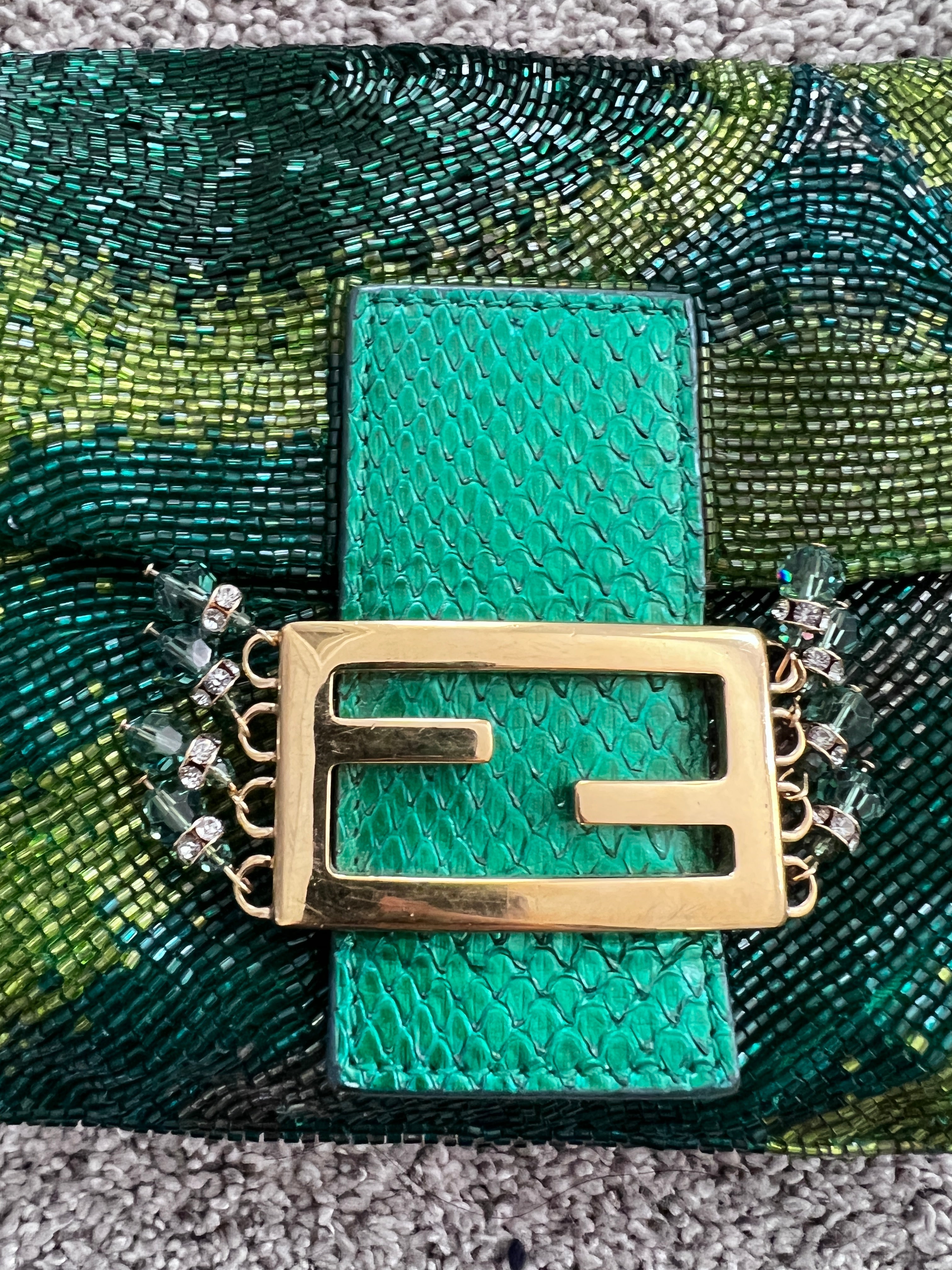 Fendi Green Beaded Baguette Bag - Stylish Designer Crossbody Purse for Women | Perfect for Evening Parties, Date Nights & Special Occasions