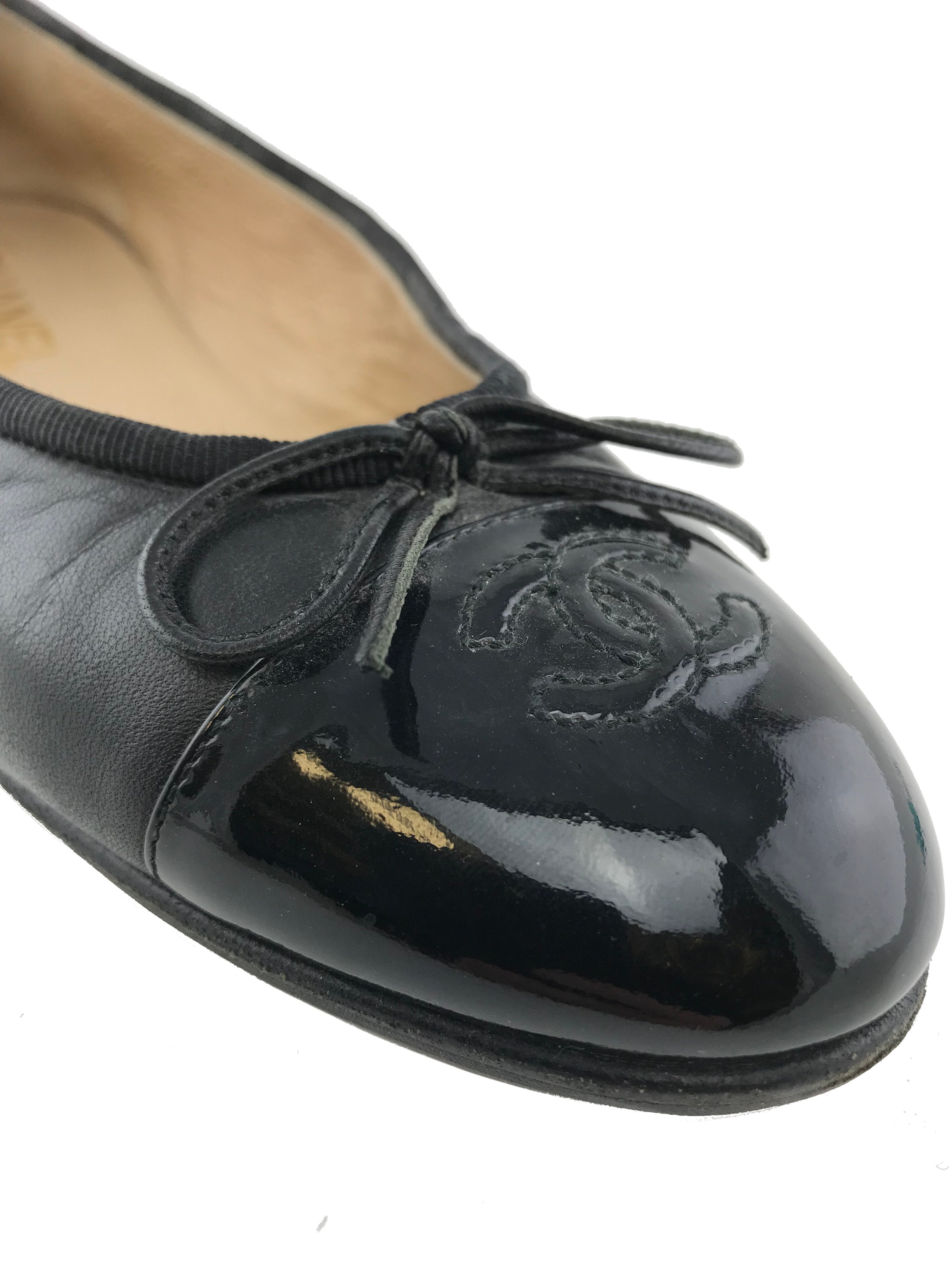 Chanel CC Cap Toe Leather Ballet Flats for Women - Size 7.5 US | Classic Pointed Toe Designer Shoes for Work, Party & Everyday Wear