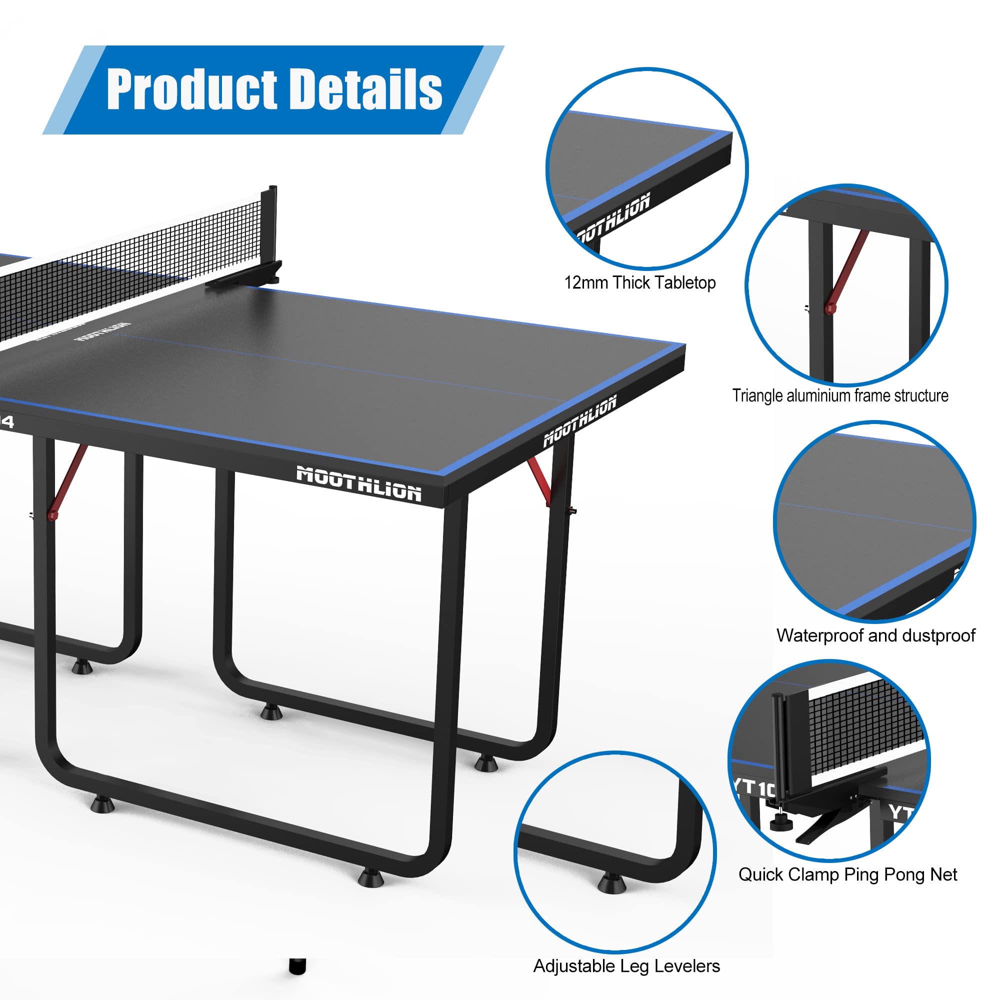 Mid-Size Foldable Indoor/Outdoor Table Tennis Table with Quick Clamp Ping Pong Net & Post Set - Black & Blue | Perfect for Home, Office, Gym & Backyard Games