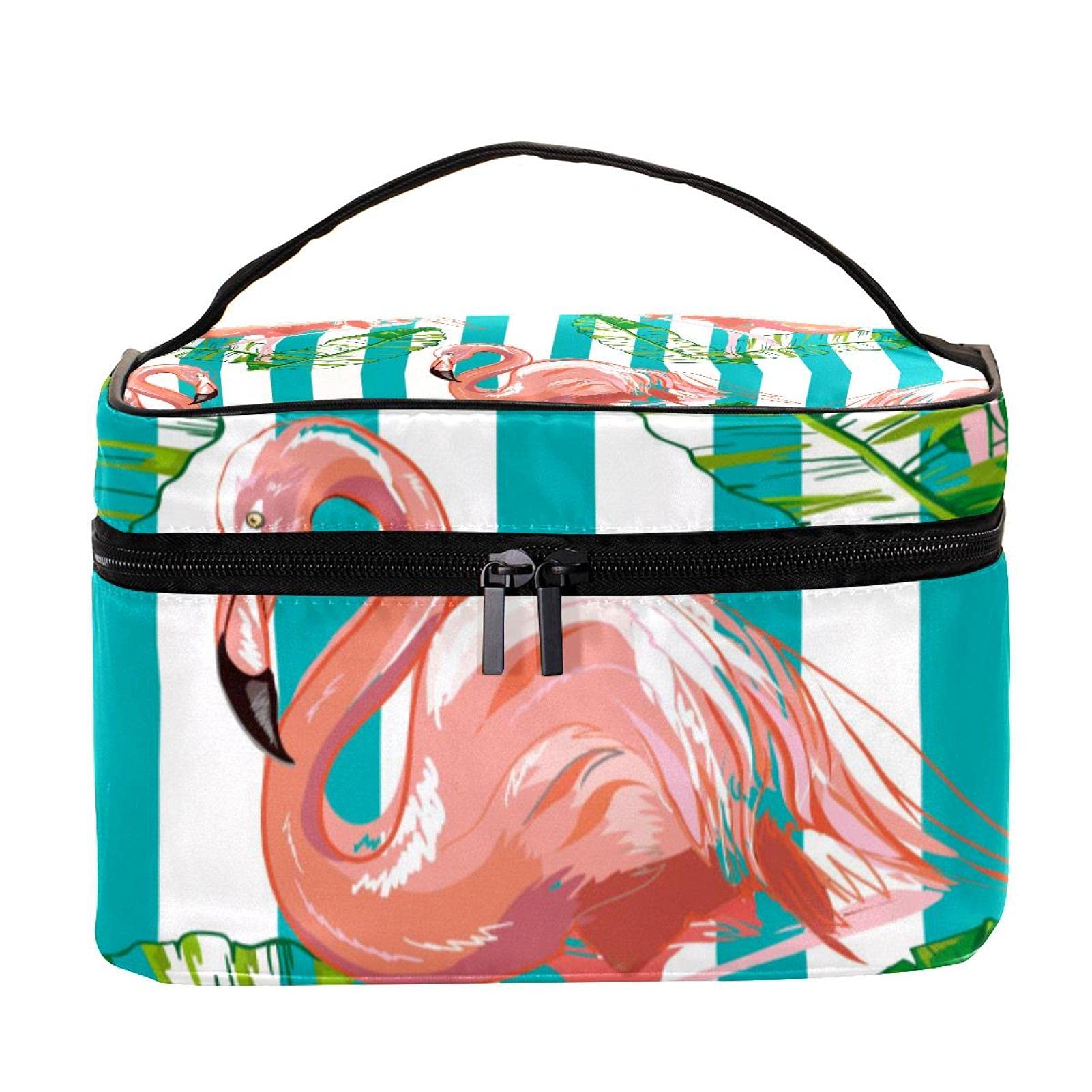 Flamingo Green Leaf & Stripes Large Travel Makeup Bag - Waterproof Cosmetic Organizer Case with Zipper for Women & Girls | Perfect for Vacation, Gym, Beach & Daily Essentials Storage