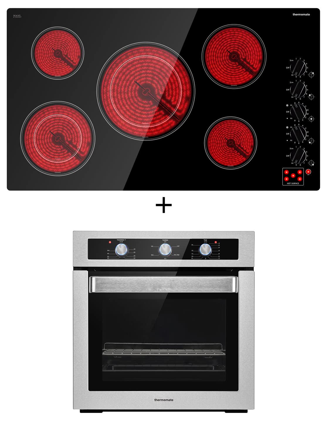 Thermomate CHMB915C 36-Inch Built-In Electric Cooktop with ESMS605 24-Inch Electric Single Wall Oven in Silver - Perfect for Modern Kitchens, Home Renovations & Professional Cooking