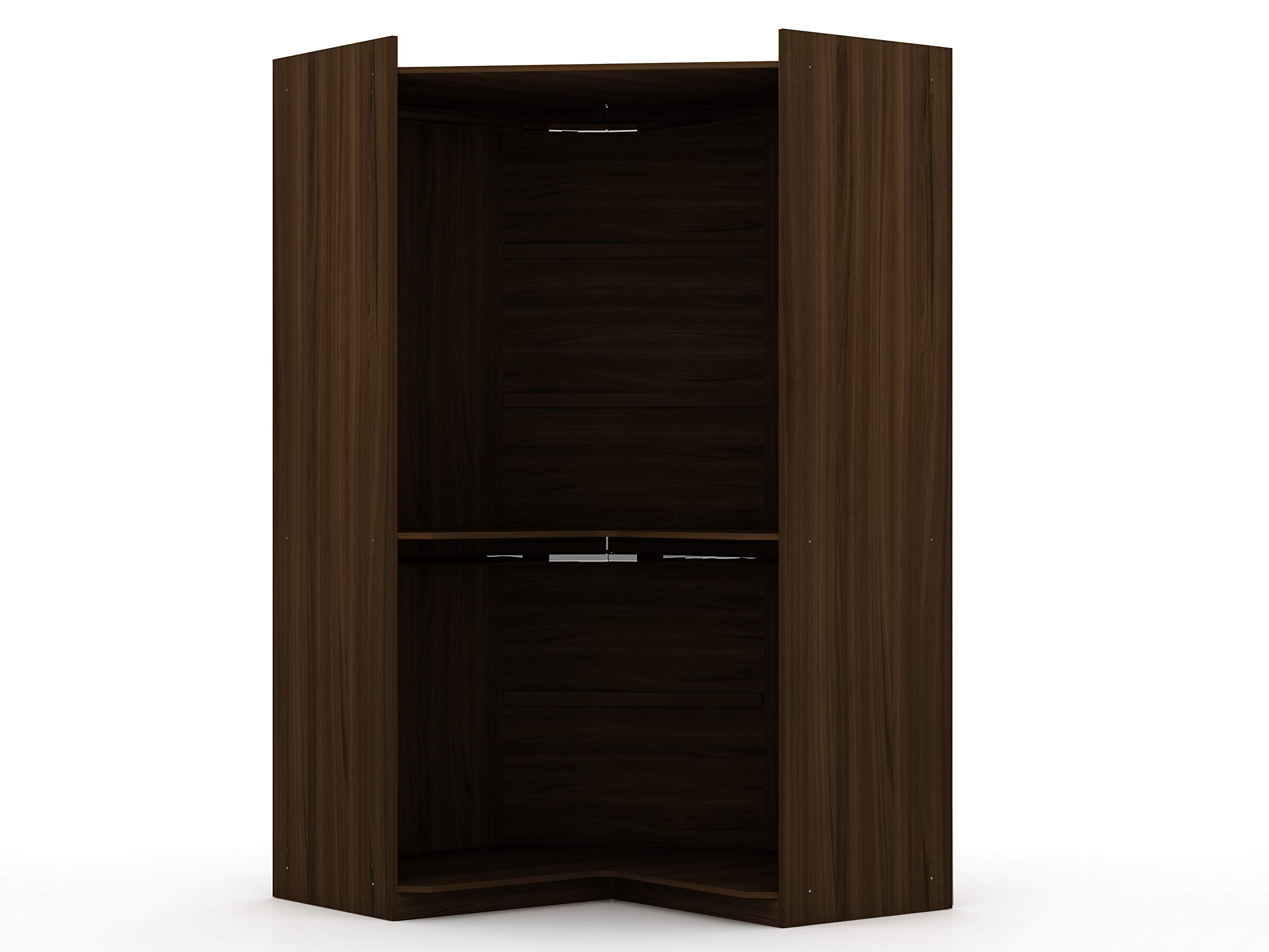Modern Free-Standing Corner Wardrobe Closet with Rounded Hanging Rods & Open Shelves - Space-Saving Storage Solution for Bedroom, Living Room or Office - Brown by Manhattan Comfort