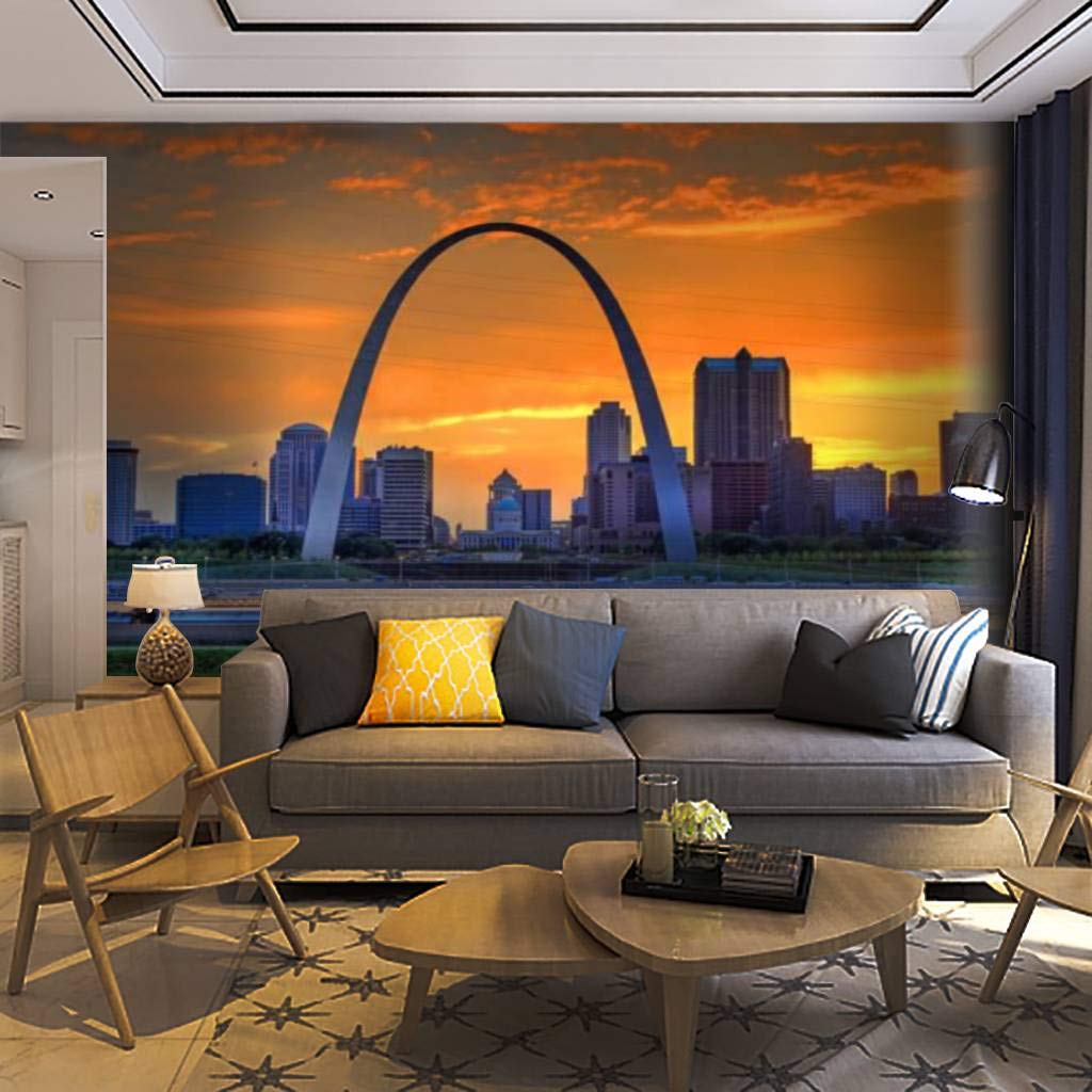 St. Louis Missouri Skyline Wall Mural - Self-Adhesive Removable Peel & Stick Wallpaper with Gateway Arch View - Home Decor for Living Room, Bedroom, Office - Easy DIY Wall Decal & Poster Sticker for Home Craft Projects
