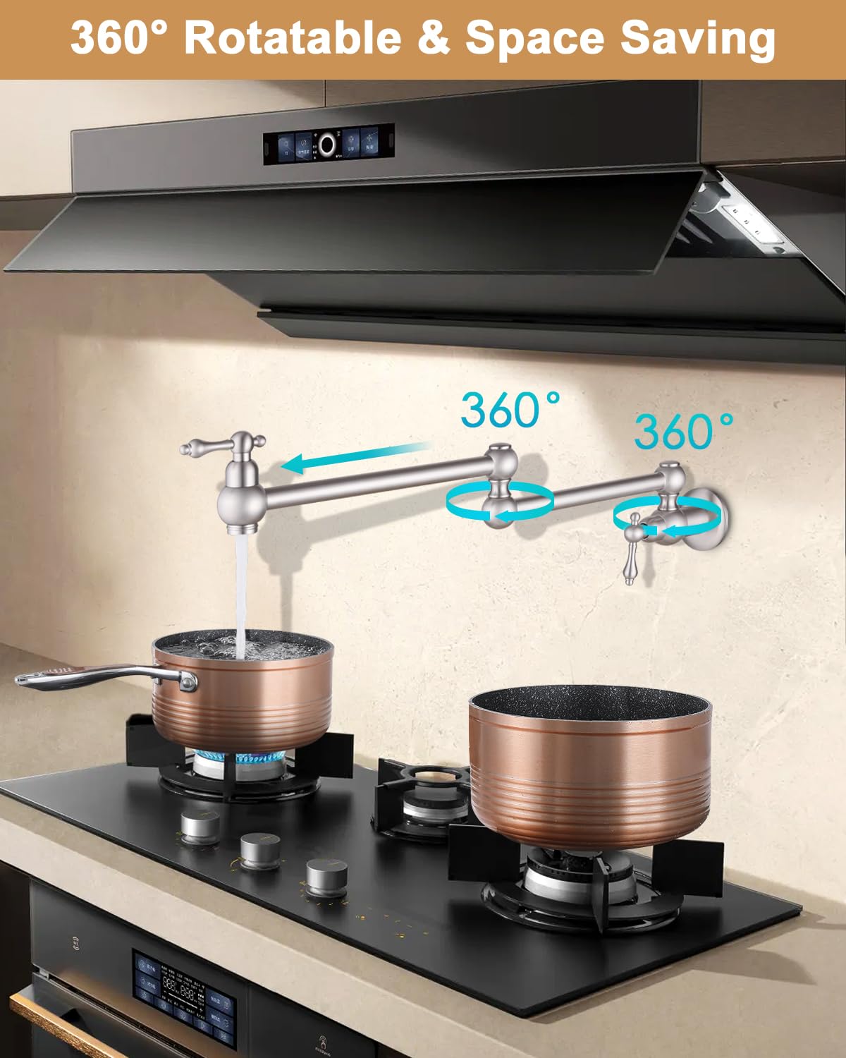 Brass Pot Filler Faucet - Brushed Nickel Wall Mount Commercial Kitchen Faucet with Double Joint Swing Arms for Stove - Perfect for Home & Restaurant Cooking, Soup Making, Pasta Preparation