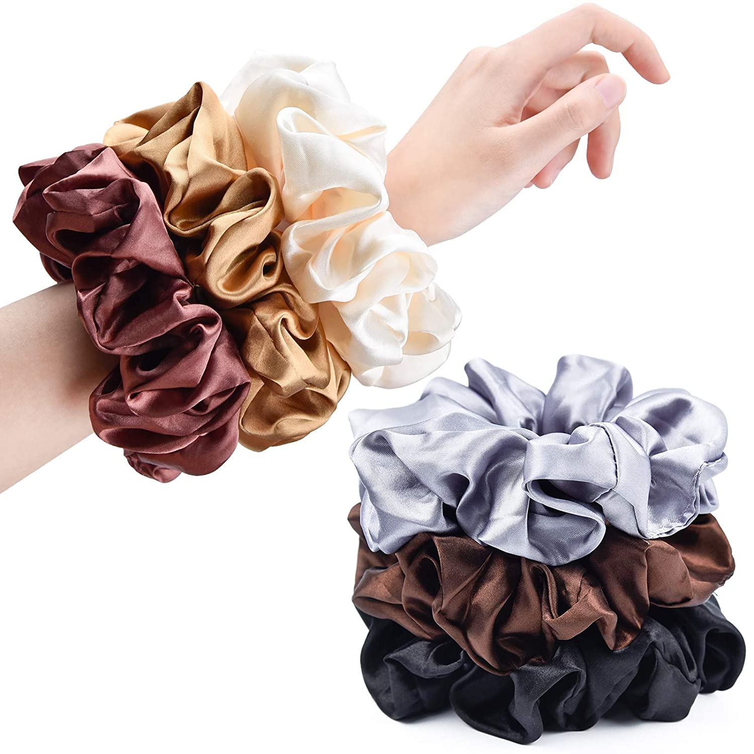 10 Pack Large Black & Coffee Satin Scrunchies for Women - Oversized Thick Elastic Hair Ties, Jumbo Hair Accessories in Black/Coffee/Champagne/Brown/Grey/Dark Brown - Perfect for Work, Gym & Everyday Styling