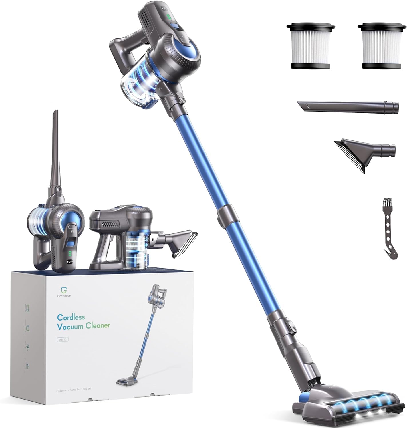 Greenote Cordless Vacuum Cleaner 23000Pa - Powerful Stick Vacuum with Detachable Battery, 35min Runtime - 6-in-1 Lightweight Handheld Vacuum for Hard Floors, Carpets & Pet Hair - Ideal for Home, Car & Pet Owners Cleaning Needs