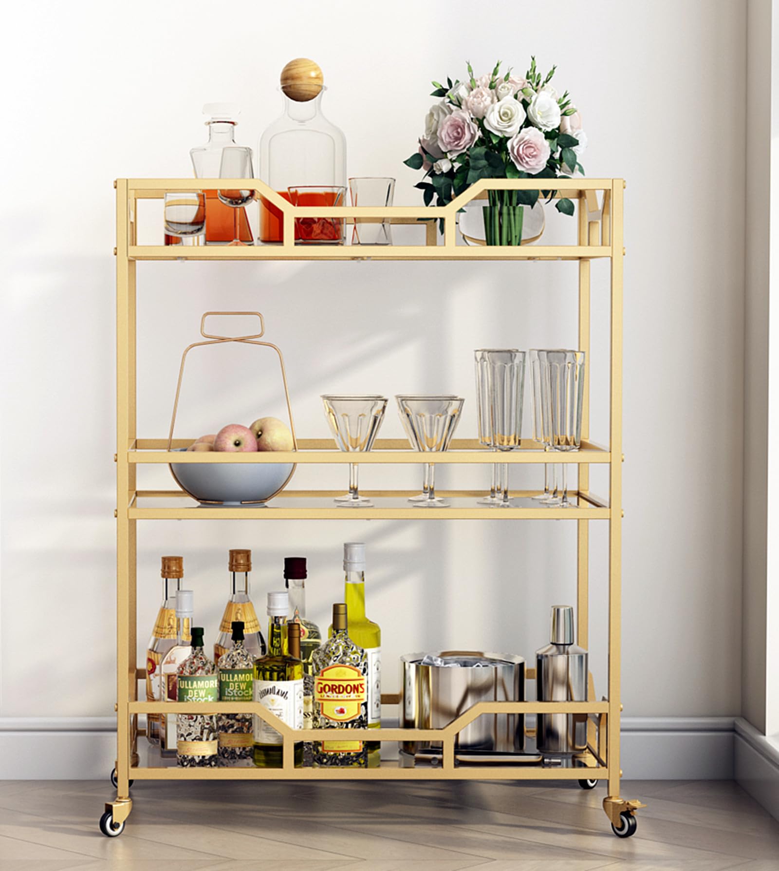 3-Tier Square Gold Bar Cart with Glass Shelves & Wheels - Mobile Serving Cart for Kitchen, Bar, Dining Room | Perfect for Entertaining, Cocktail Parties & Small Space Storage