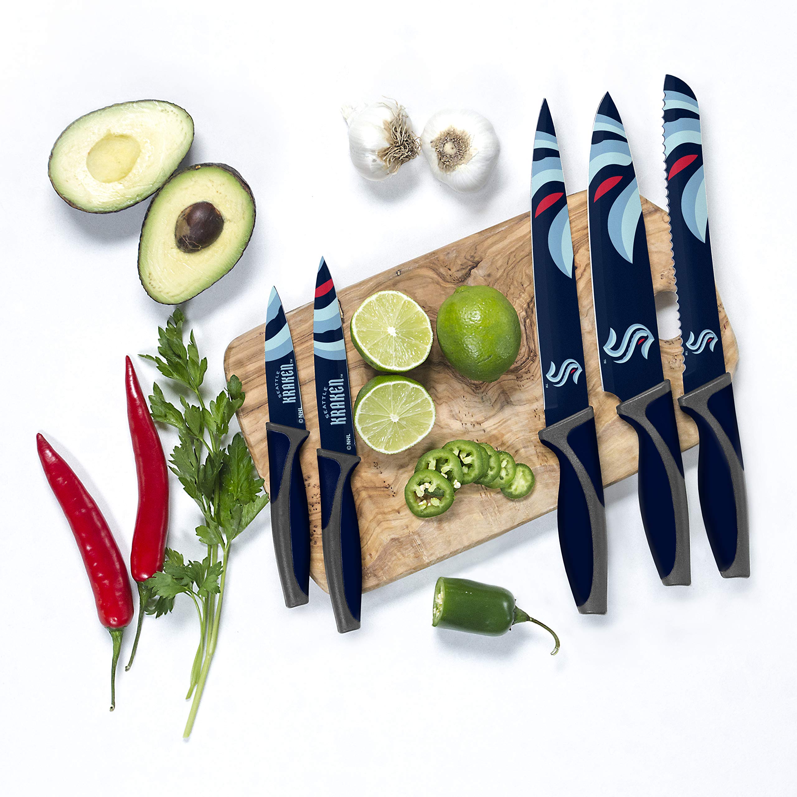Premium NHL-Themed 5-Piece Kitchen Knife Set - Professional Chef, Bread, Carving, Utility & Paring Knives - High-Quality Stainless Steel Dishwasher Safe Cutlery - Perfect Gift for Hockey Fans - Great for Home Cooking, BBQ, and Sports-Themed Kitchens