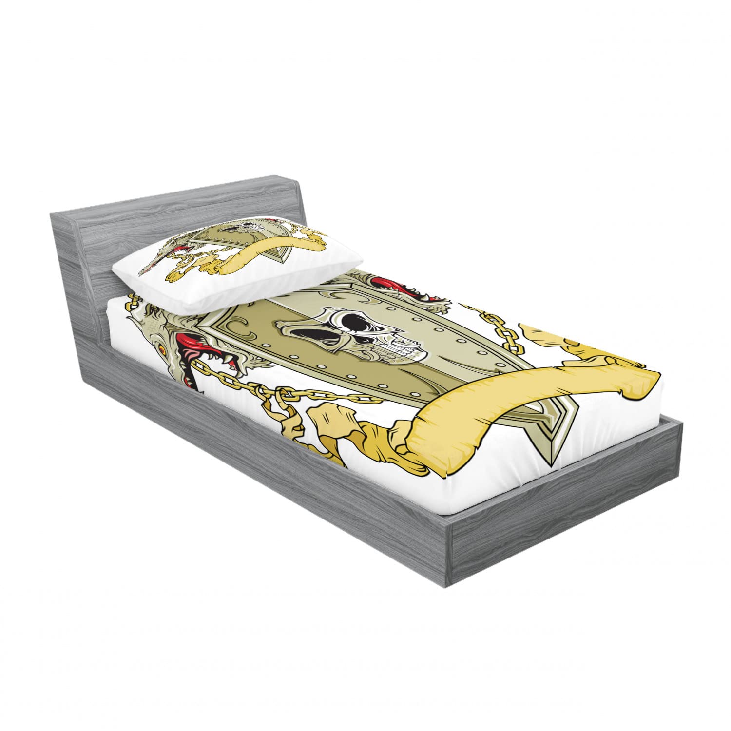 Ambesonne 2-Piece Twin Fitted Sheet & Pillow Sham Set - Medieval Shield Dragon Design, Yellow & White Bedding Decor (Includes 2 Fitted Sheets & 2 Pillow Covers) | Perfect for Kids' Rooms, Dorm Decor, or Medieval-Themed Bedrooms
