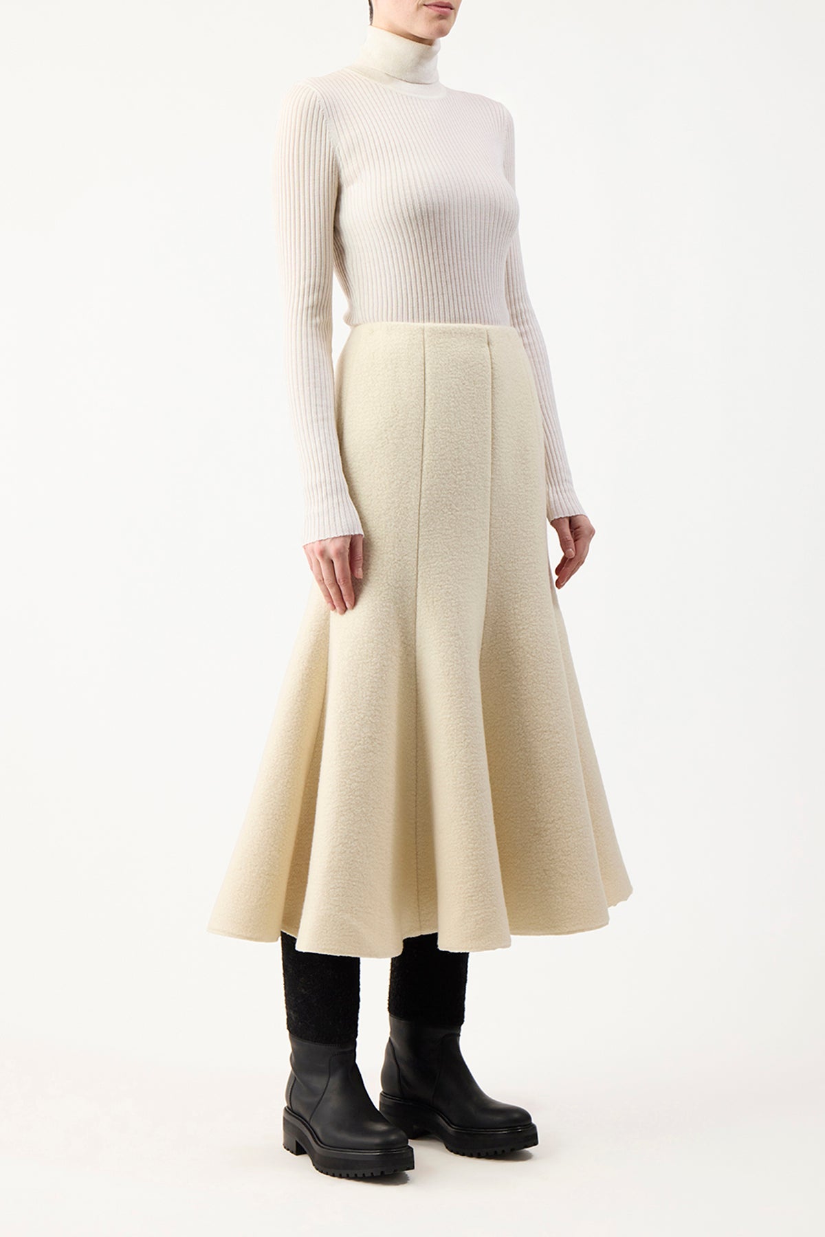 Amy Midi Skirt in Ivory - Double Face Recycled Cashmere Felt - Elegant & Sustainable Women's Skirt for Work, Date & Special Occasions