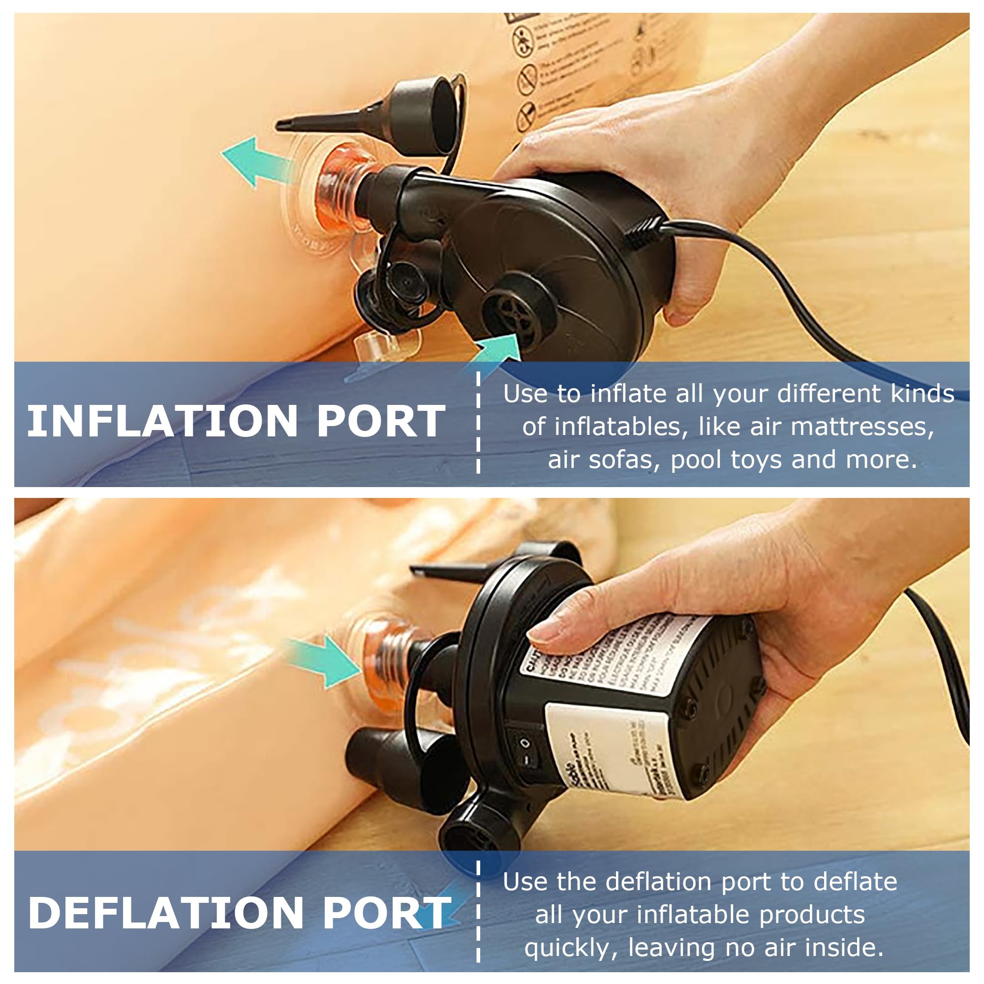 Portable Electric Air Pump - Fast Inflator & Deflator for Air Mattress, Pool Floats, Inflatables, Toys - 4 Nozzle Attachments - 110V/130W AC Power - Ideal for Camping, Travel, Home Use, Beach & Water Activities (Black)