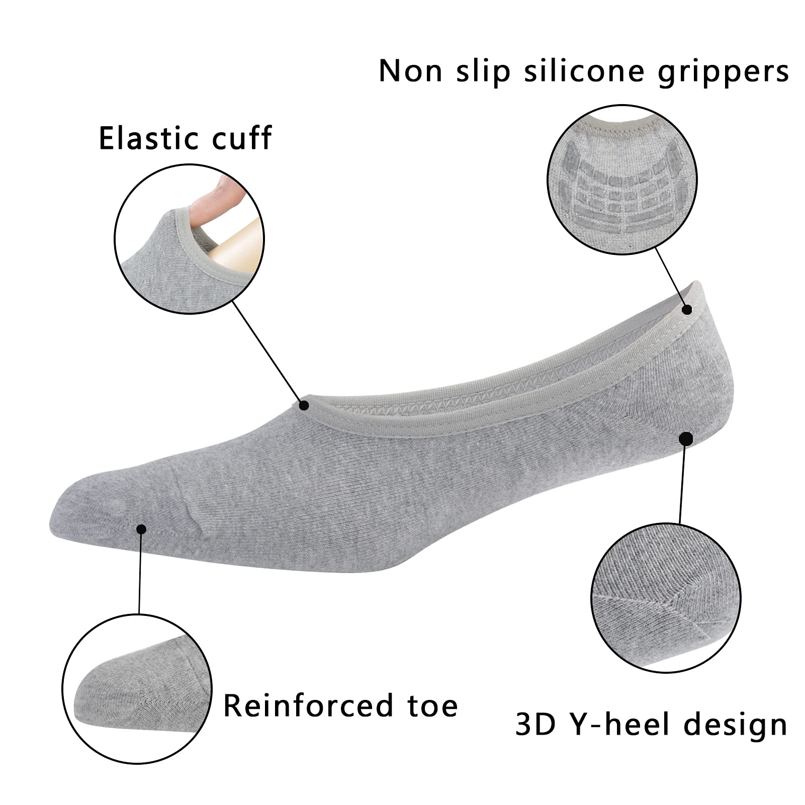LO SHOKIM No Show Socks for Men & Women - Breathable Cotton Low Cut Socks with Non-Slip Grip (Sizes 7-15) - Perfect for Loafers, Sneakers & Casual Shoes