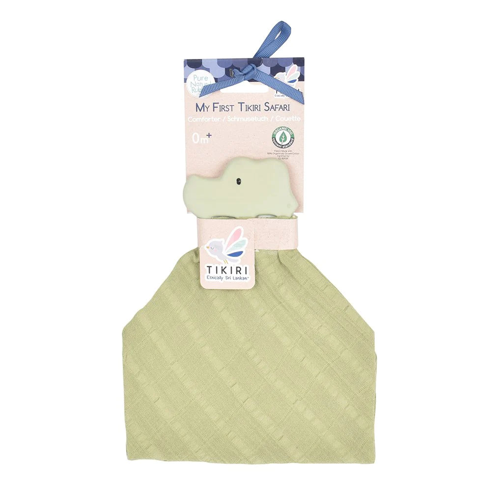Tikiri Natural Rubber Crocodile Teether for Babies with Organic Sage Green Muslin Comforter - Soothing Teething Toy for Infants & Toddlers, Perfect for On-the-Go Comfort and Playtime