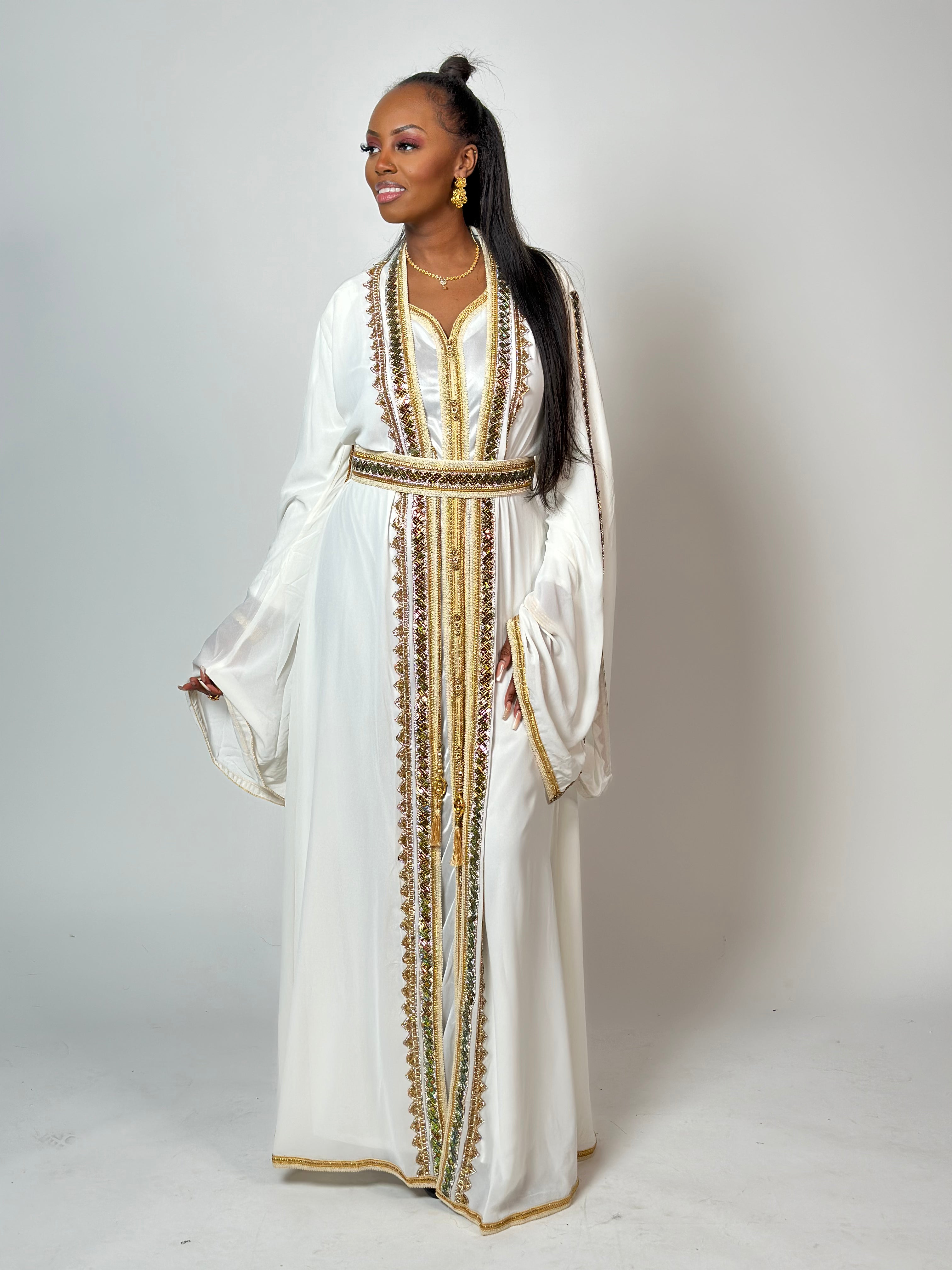 Elegant White and Gold Kaftan Dress for Women - Boho Chic Beach Cover Up, Pool Party, Summer Vacation & Resort Wear