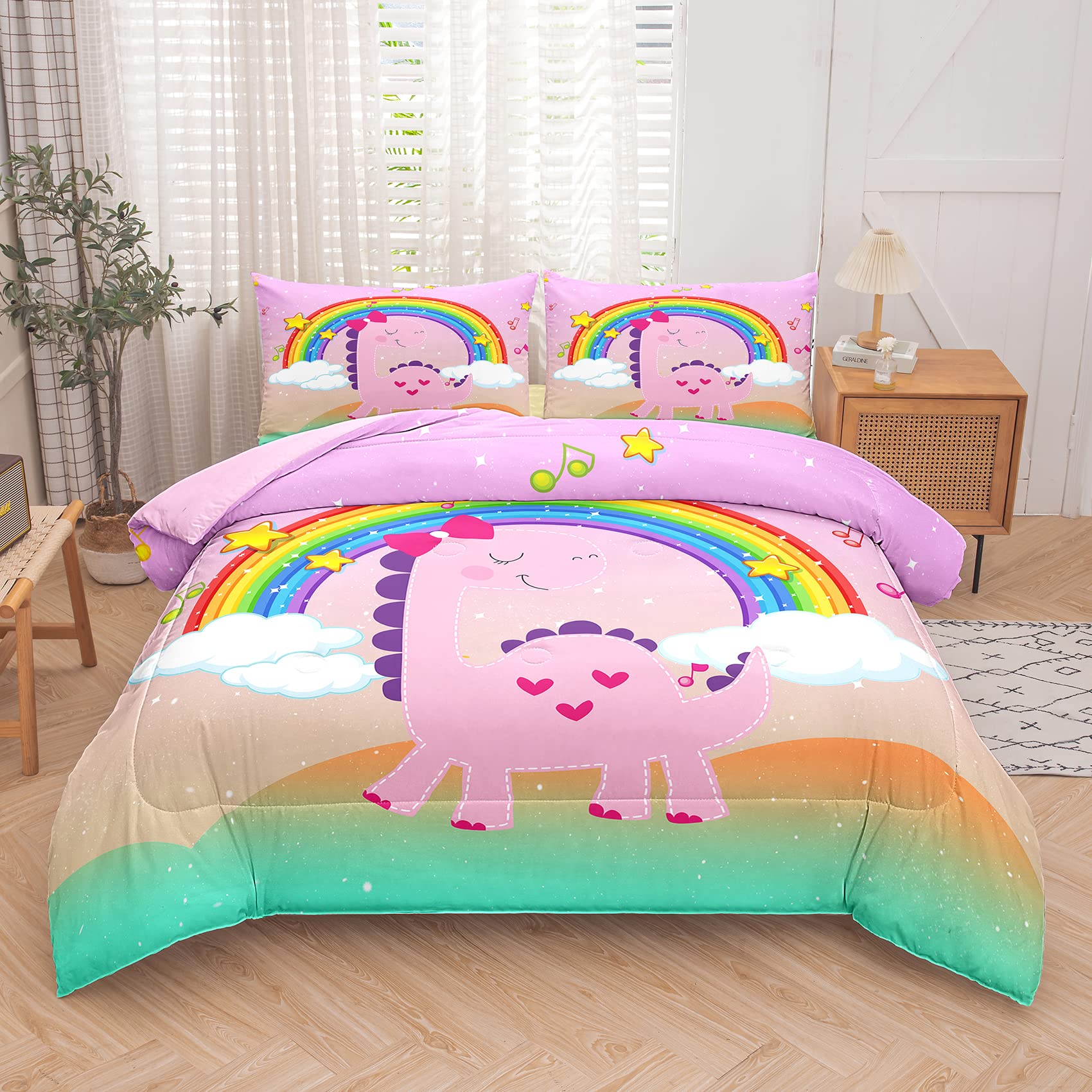 Pink Dinosaur Bedding Set Twin Size - Cute Cartoon Rainbow Dino Comforter Set for Girls & Kids, Includes 1 Comforter & 1 Pillowcase - Perfect for Kids' Room Decor, Birthday Gifts & Cozy Bedtime