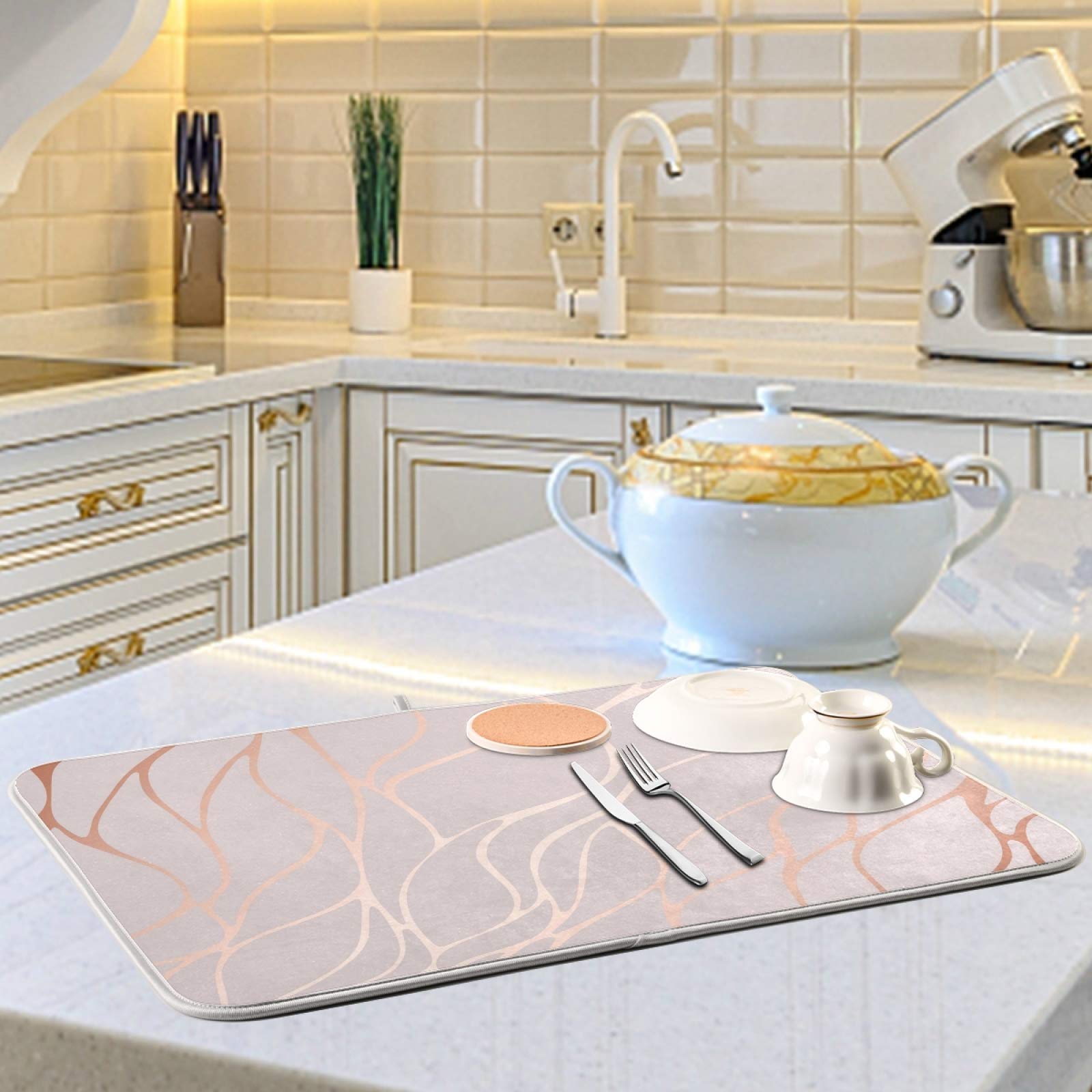 Rose Gold Marble Dish Drying Mat - Super Absorbent Microfiber, Heat-Resistant Kitchen Counter Mat (18x24 Inch) for Dishes & Utensils